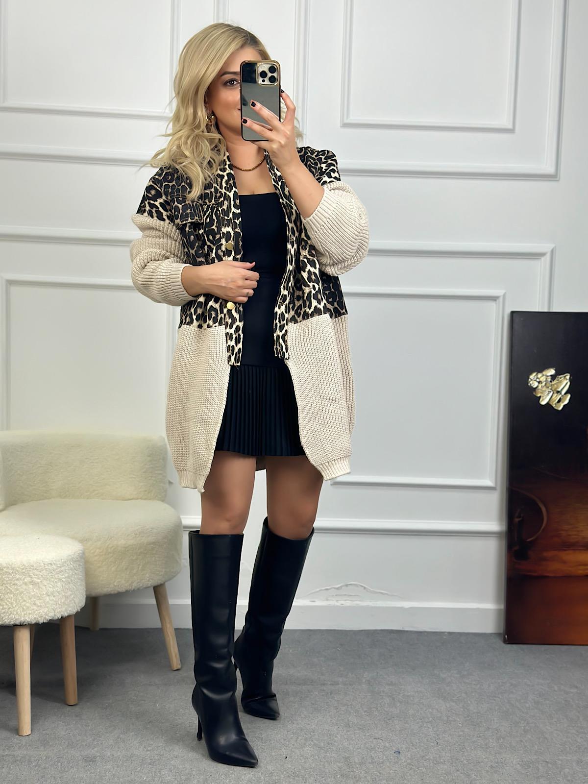 Marka Model Triko Mixli Üstü Gabardin Tasarım Leopar Ceket BEJ