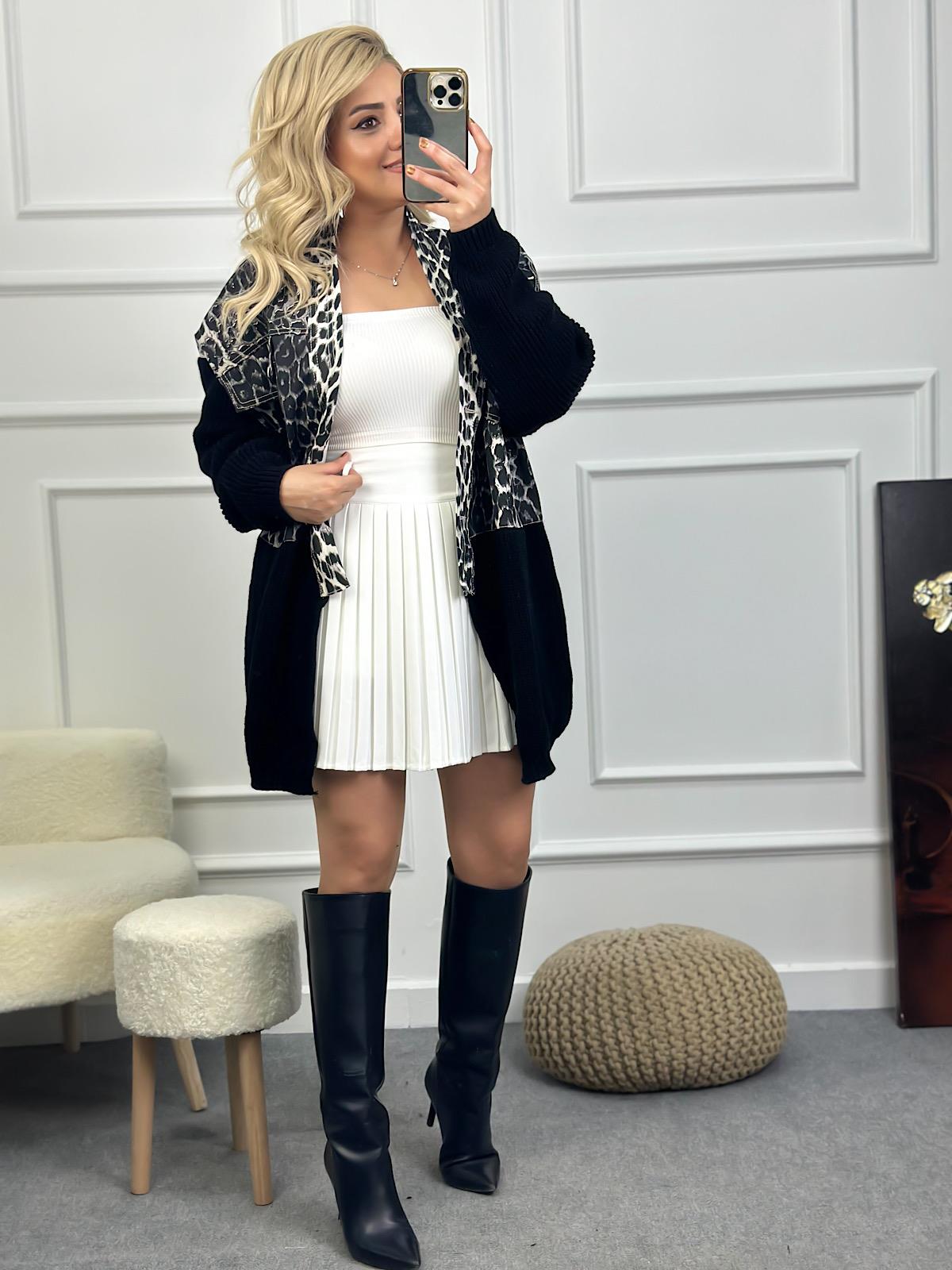 Marka Model Triko Mixli Üstü Gabardin Tasarım Leopar Ceket SİYAH