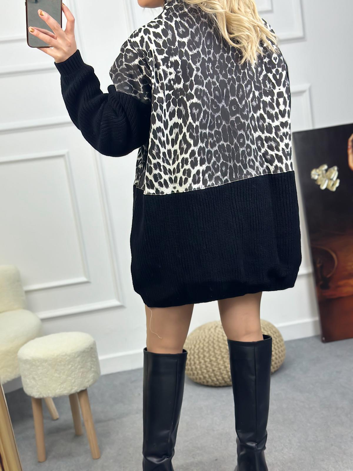 Marka Model Triko Mixli Üstü Gabardin Tasarım Leopar Ceket SİYAH