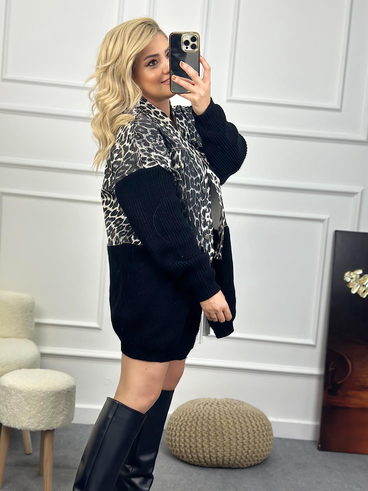 Marka Model Triko Mixli Üstü Gabardin Tasarım Leopar Ceket SİYAH