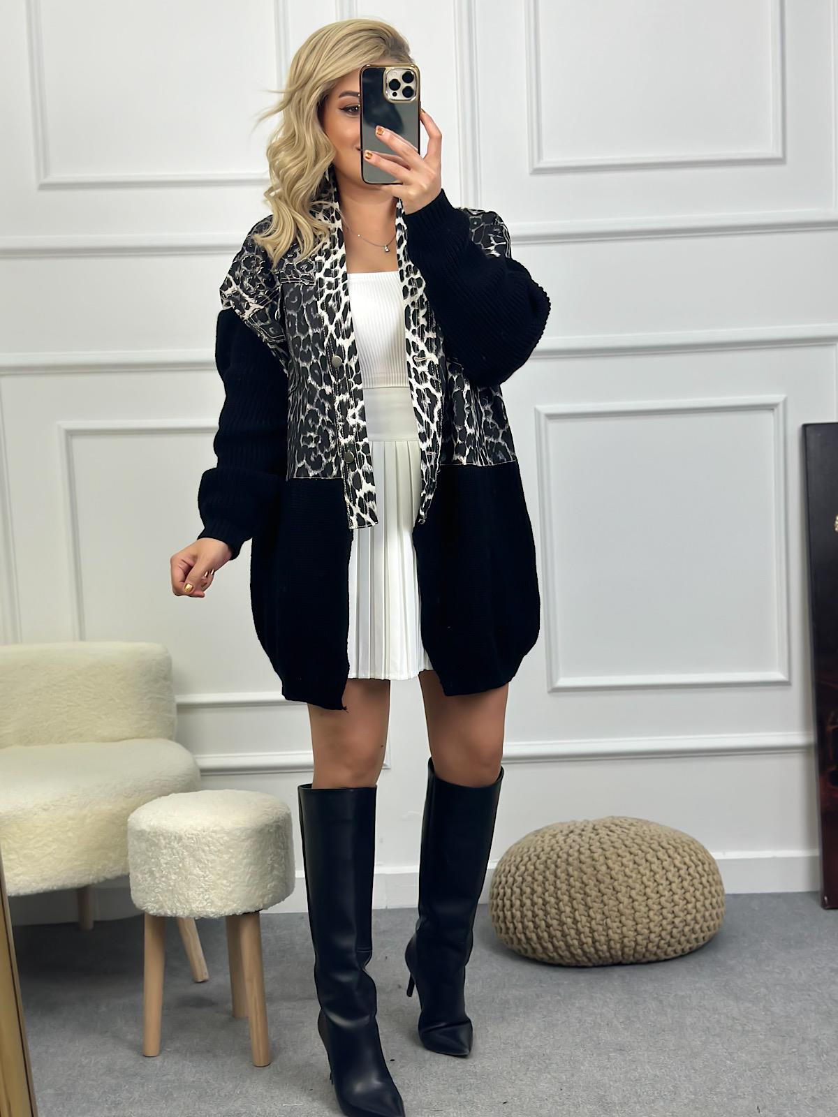 Marka Model Triko Mixli Üstü Gabardin Tasarım Leopar Ceket SİYAH