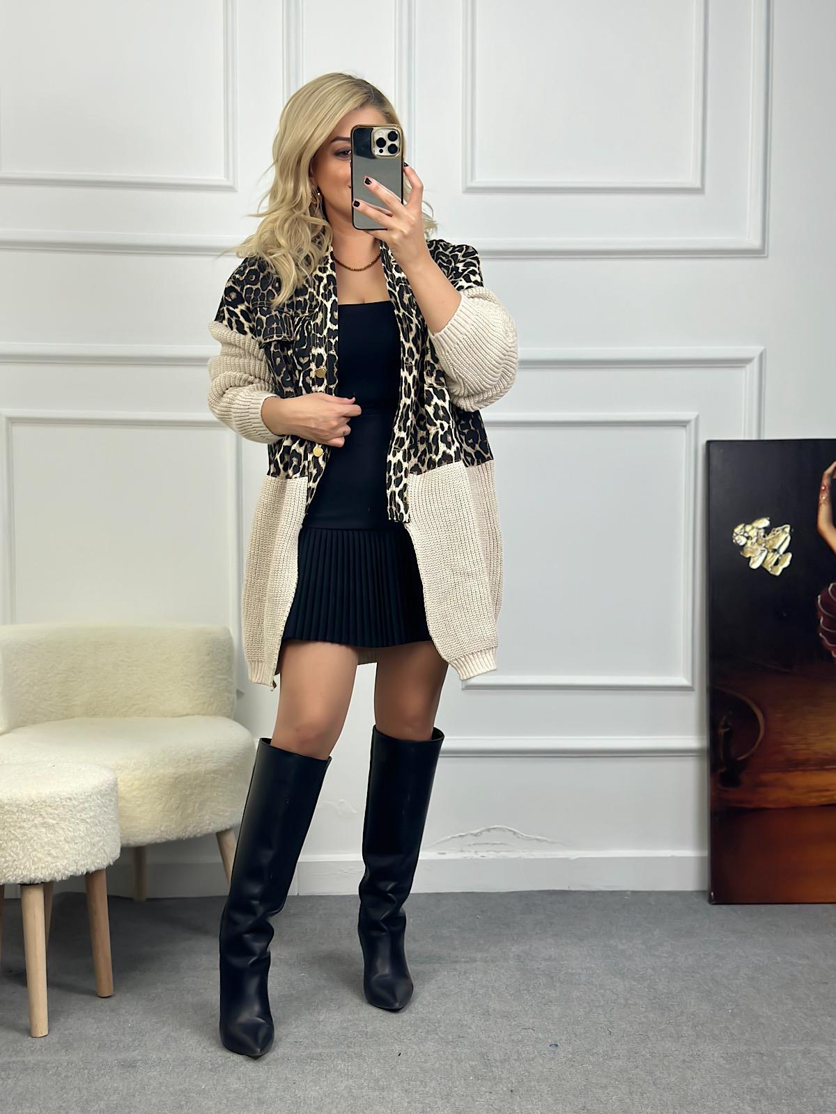 Marka Model Triko Mixli Üstü Gabardin Tasarım Leopar Ceket BEJ