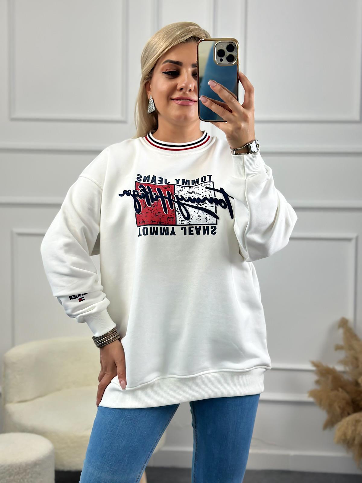 Marka Model Yazı Baskılı Oversize Sweatshirt BEYAZ