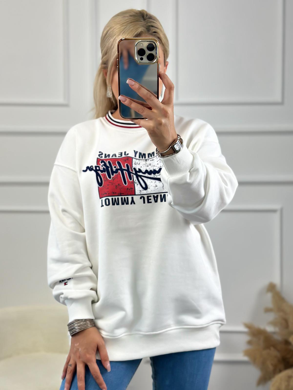 Marka Model Yazı Baskılı Oversize Sweatshirt BEYAZ