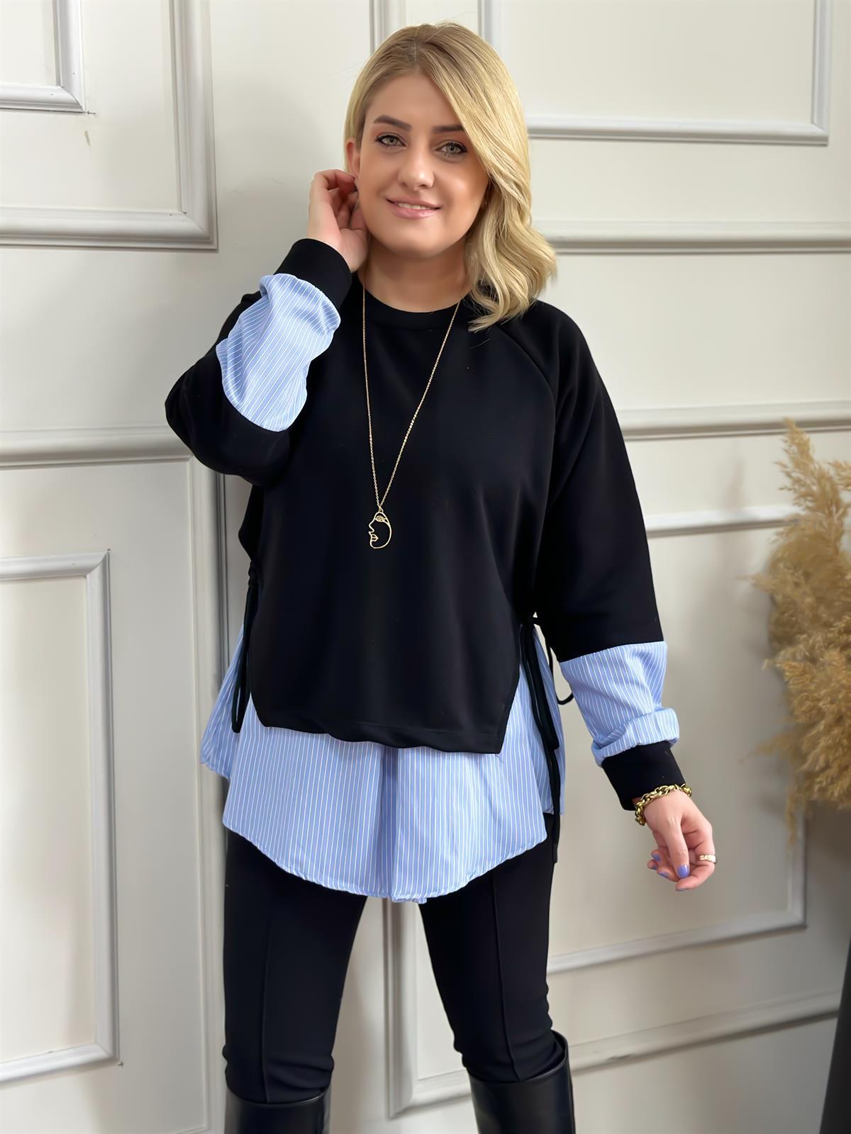 Mavi Çizgilii Yanları Bağcıklı Sweatshirt MAVİ