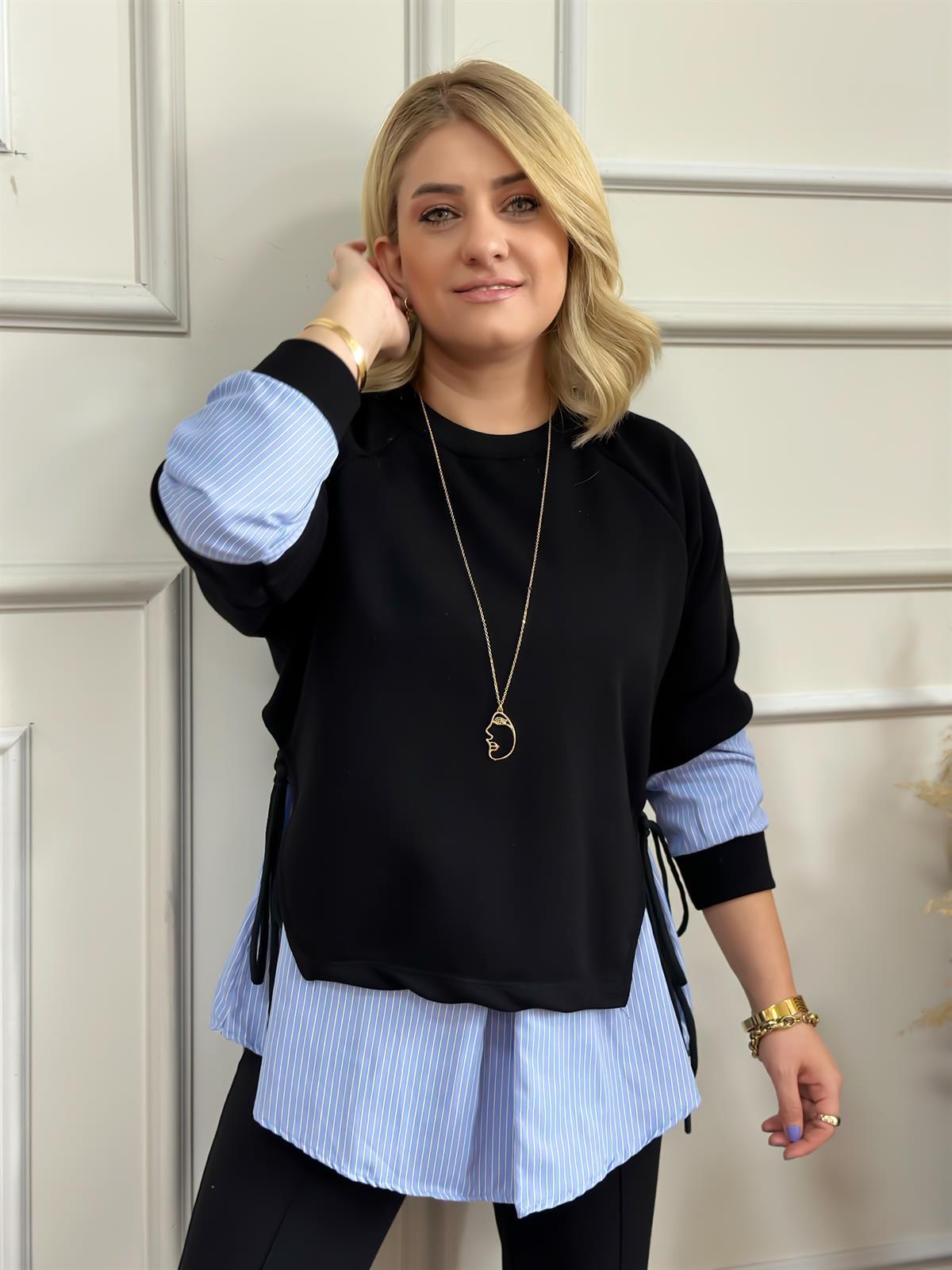 Mavi Çizgilii Yanları Bağcıklı Sweatshirt MAVİ