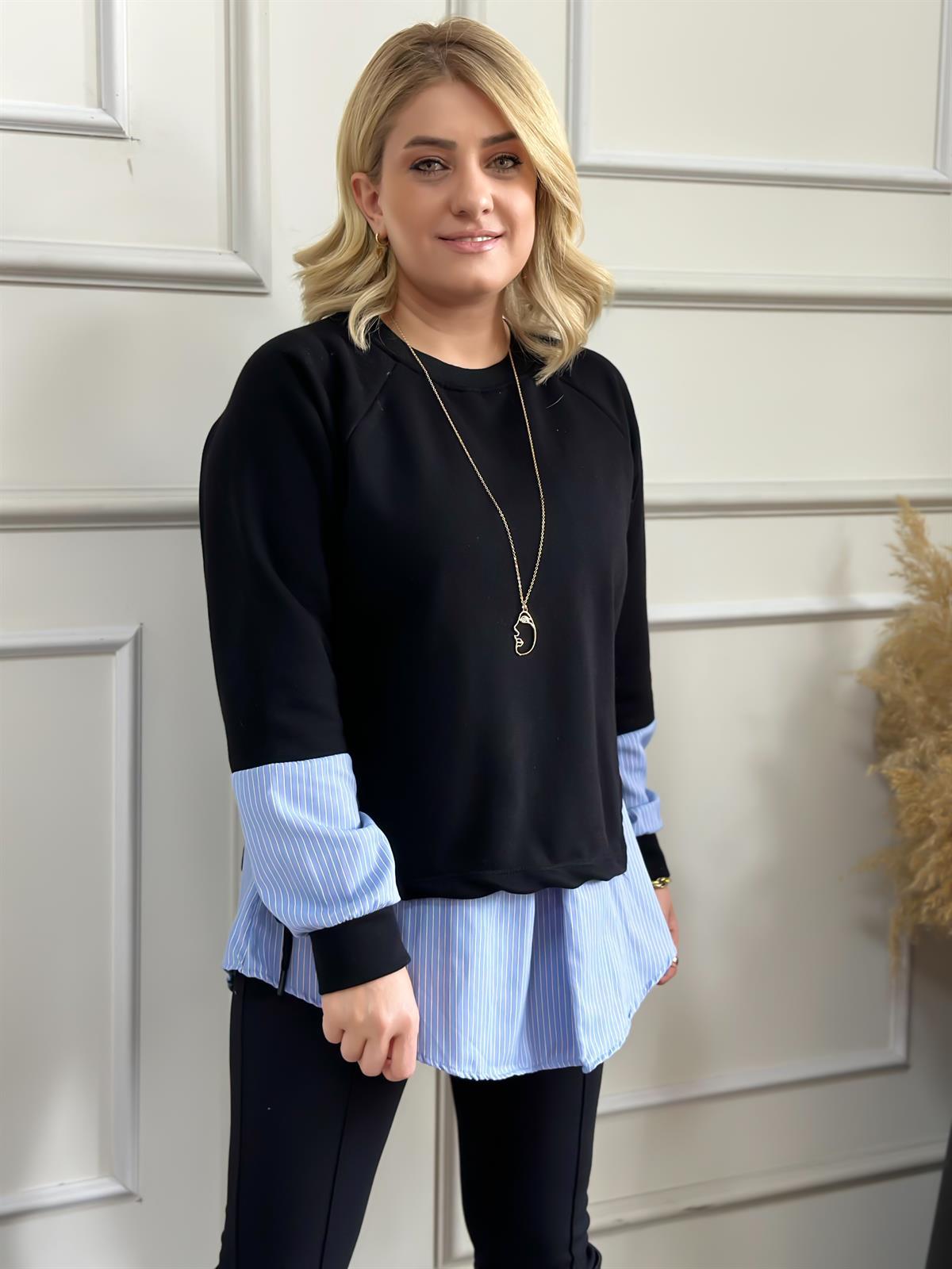 Mavi Çizgilii Yanları Bağcıklı Sweatshirt MAVİ