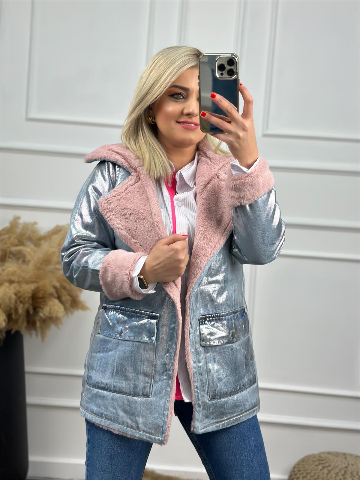 Mavi Varaklı  Düğme Detaylı Kot Mont PEMBE