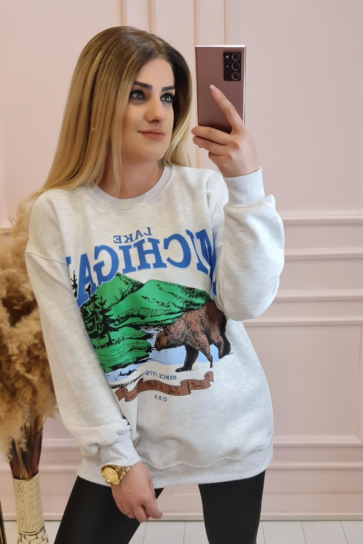 Michigan Yazı Baskılı 3 ip Şardonlu Sweatshirt GRİ