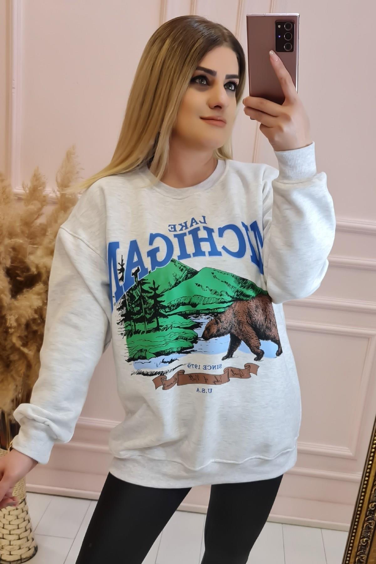 Michigan Yazı Baskılı 3 ip Şardonlu Sweatshirt GRİ