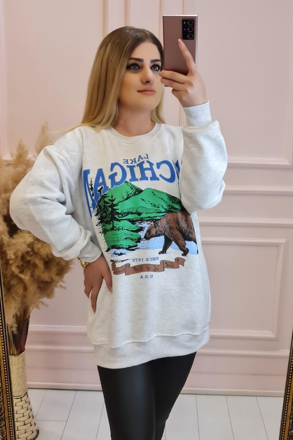 Michigan Yazı Baskılı 3 ip Şardonlu Sweatshirt GRİ