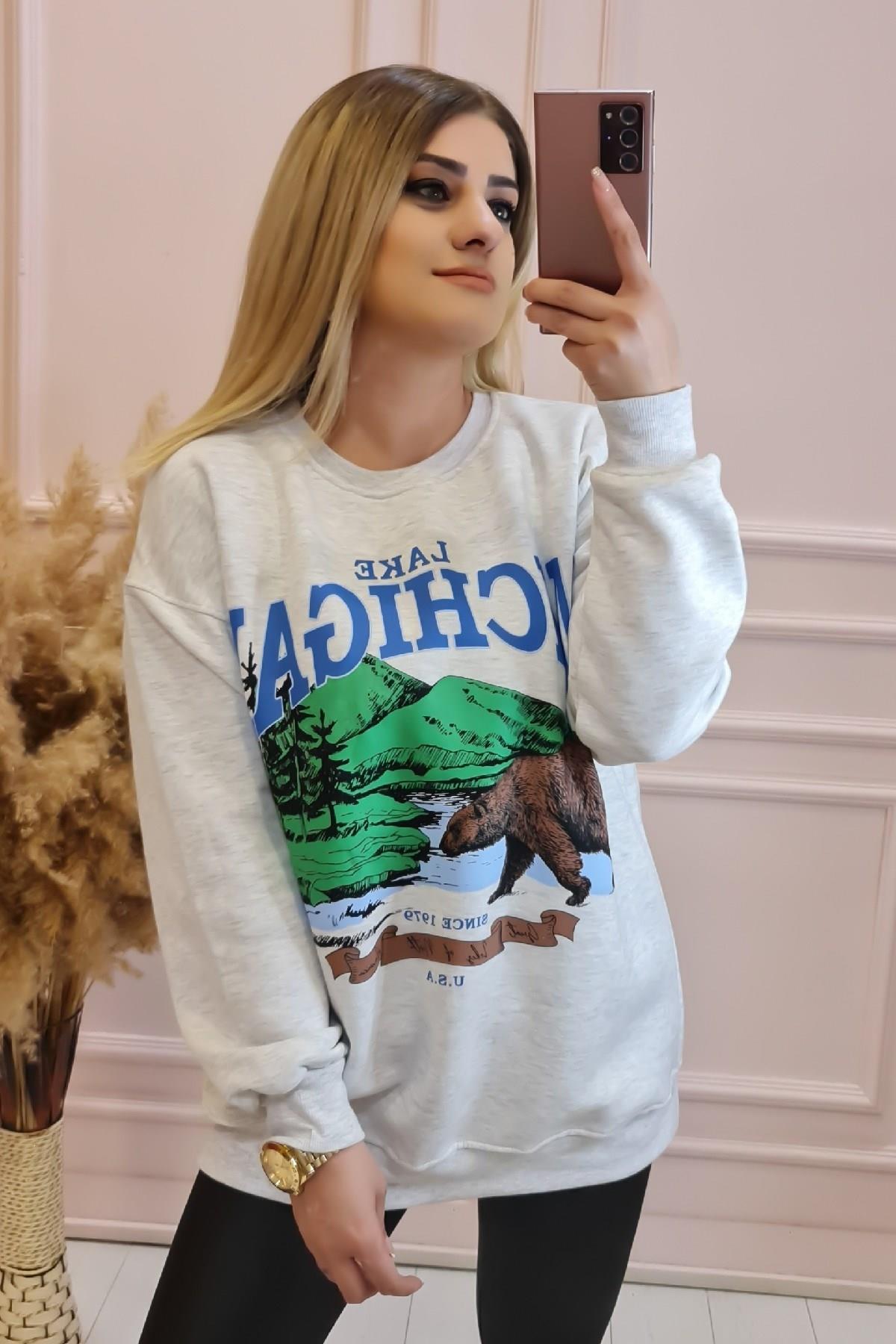 Michigan Yazı Baskılı 3 ip Şardonlu Sweatshirt GRİ