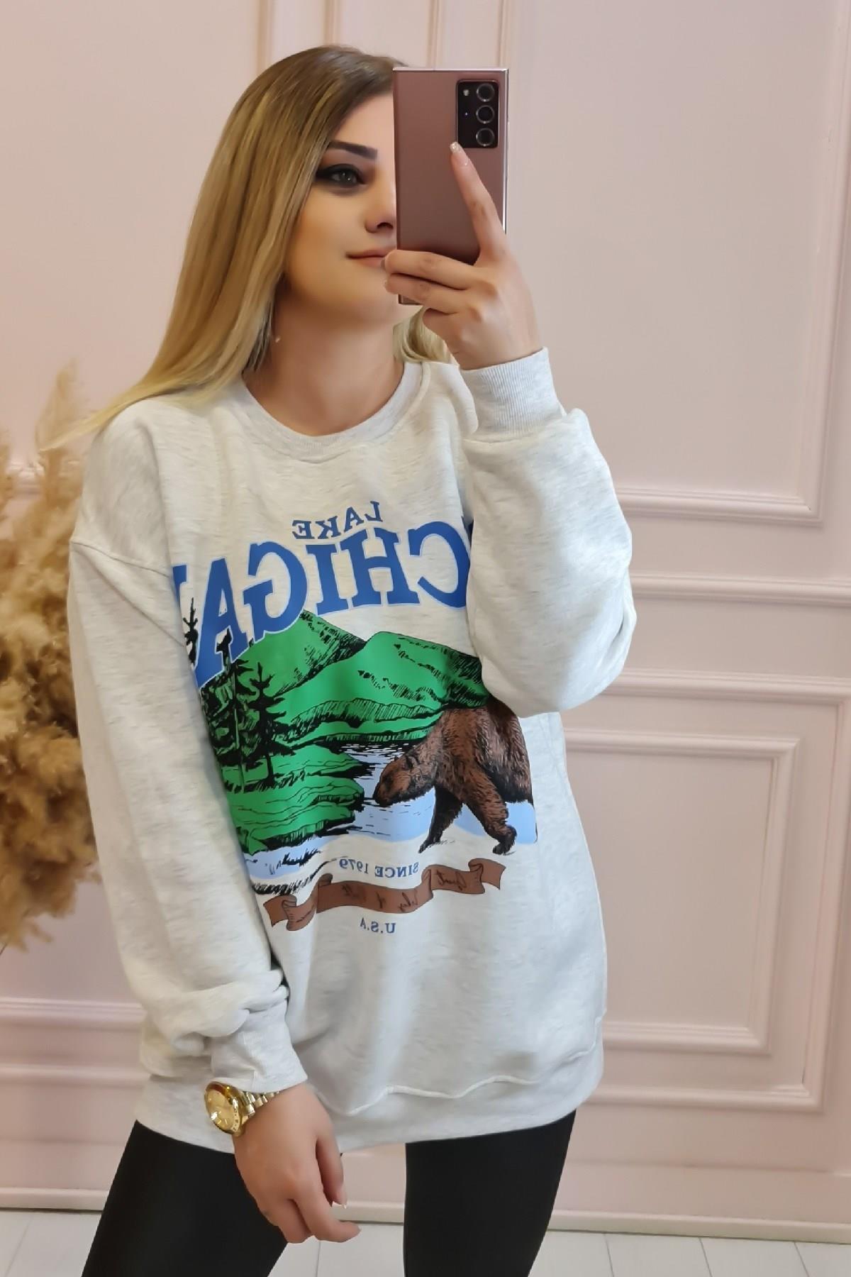 Michigan Yazı Baskılı 3 ip Şardonlu Sweatshirt GRİ