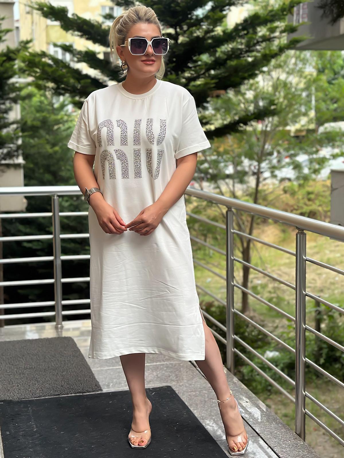 Miu Taşlı Elbise BEYAZ