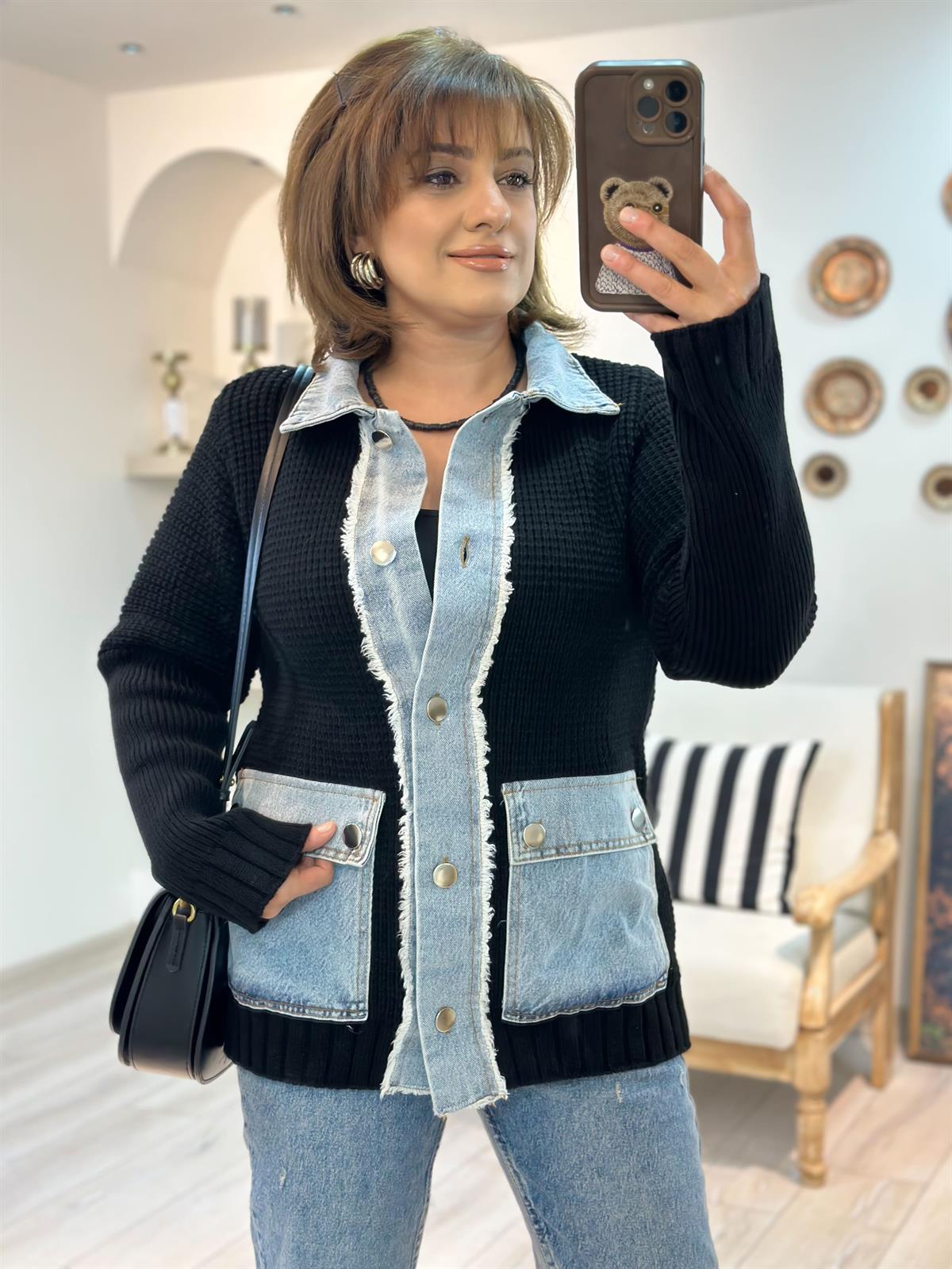 Mousin Kot Detaylı Triko Hırka SİYAH