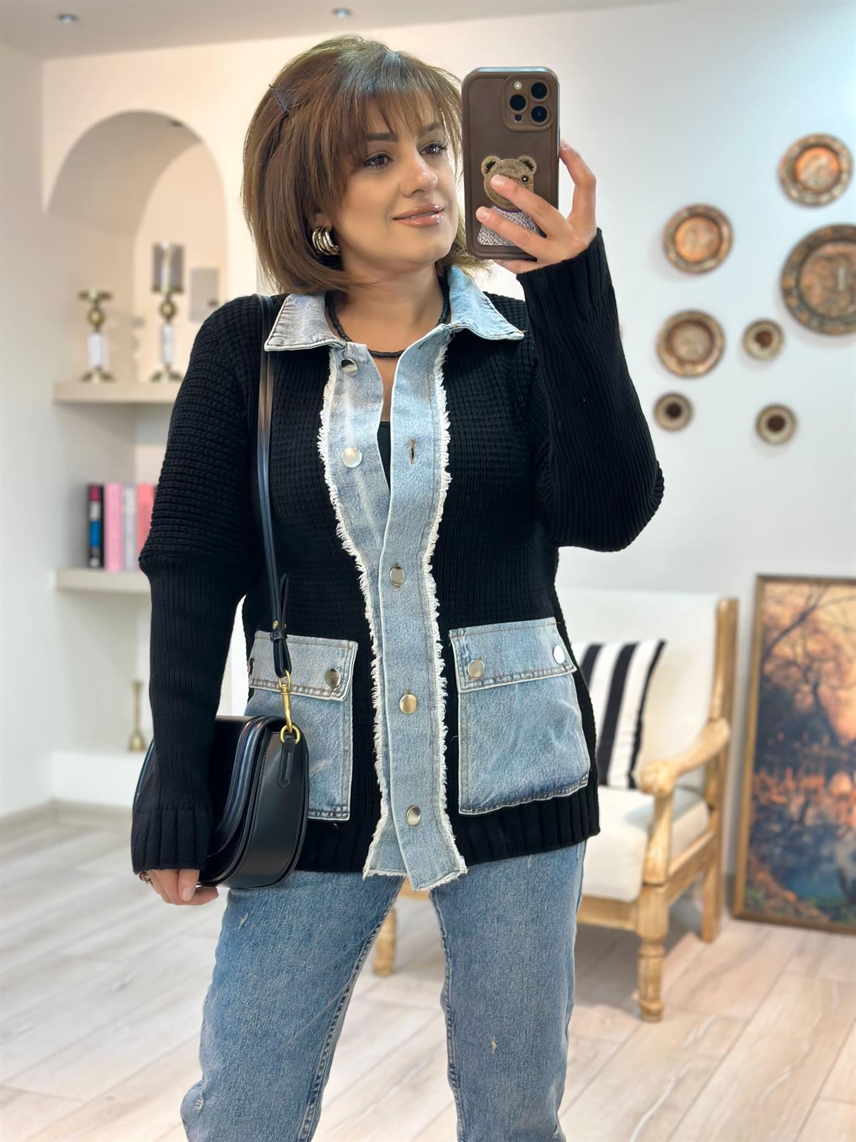 Mousin Kot Detaylı Triko Hırka SİYAH