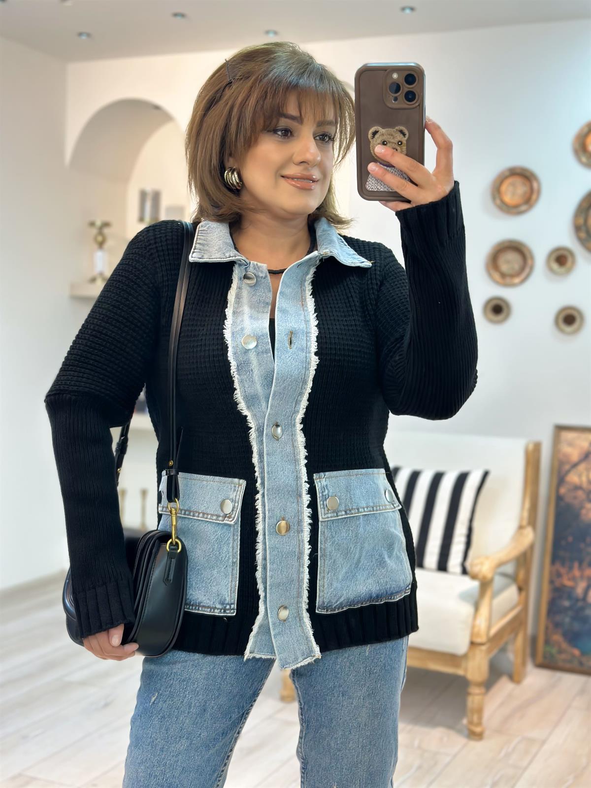 Mousin Kot Detaylı Triko Hırka SİYAH