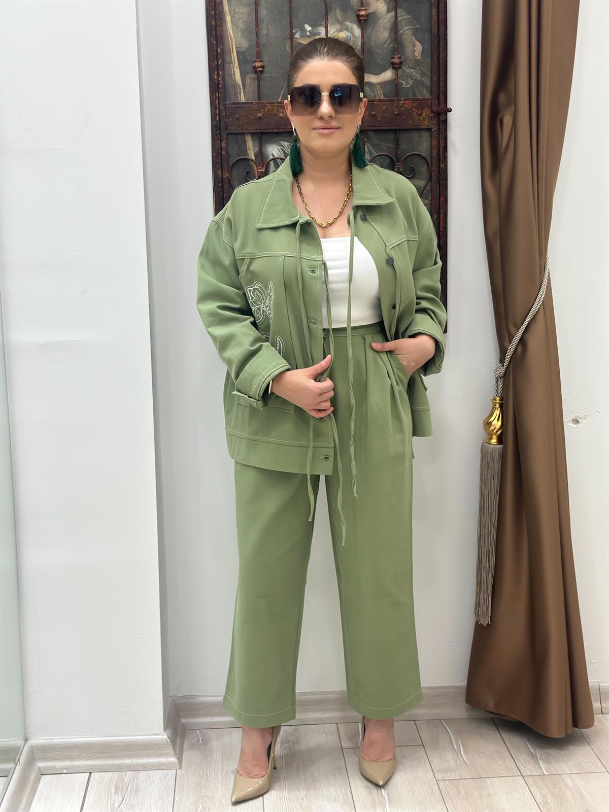 Nakış İşlemeli Cep Detaylı Denim Takım YEŞİL