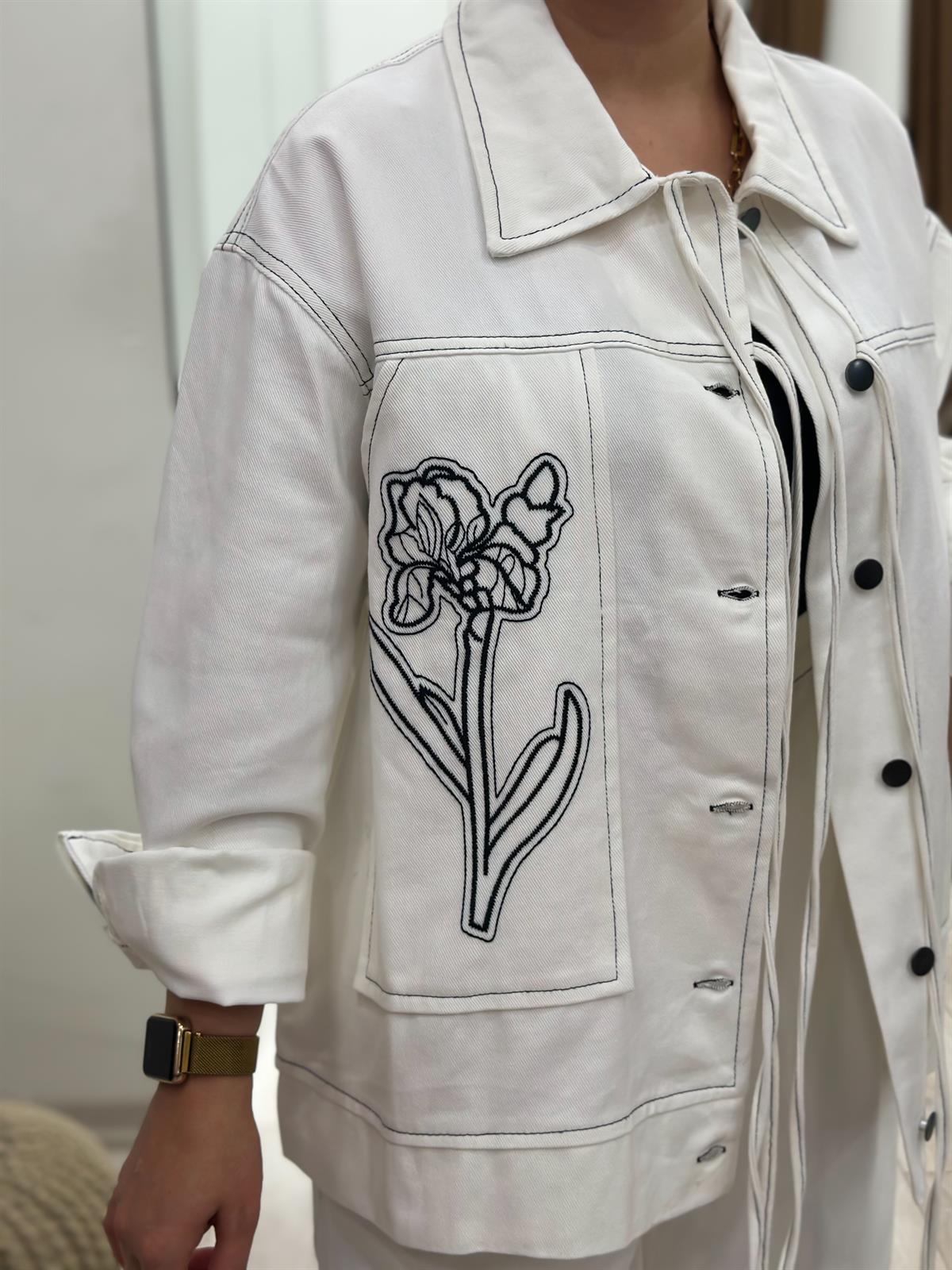 Nakış İşlemeli Cep Detaylı Denim Takım EKRU