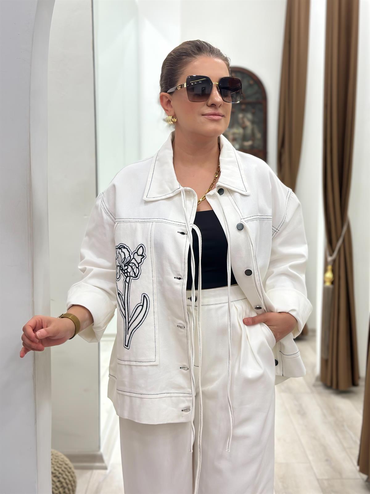 Nakış İşlemeli Cep Detaylı Denim Takım EKRU
