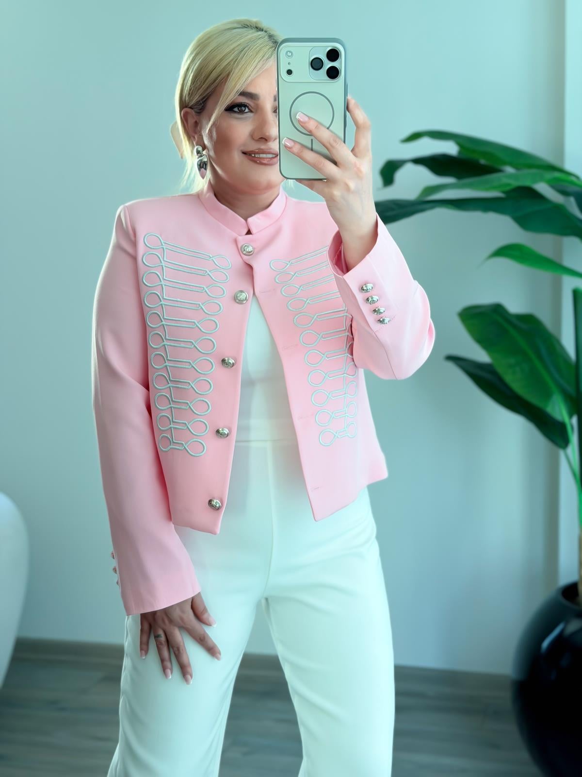 Nakışlı  Hakim Yaka Ceket PEMBE