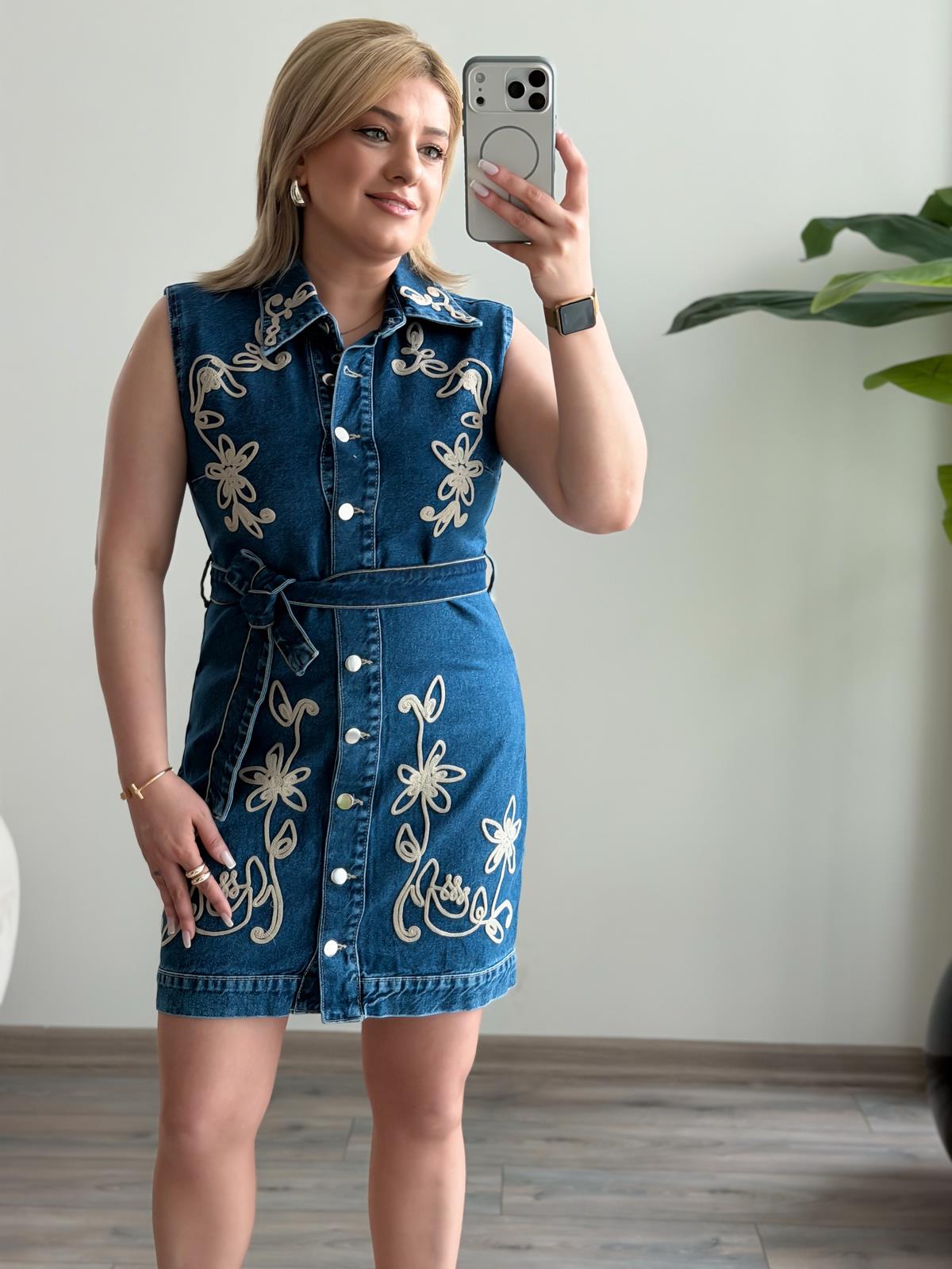 Nakışlı Jean Elbise MAVİ