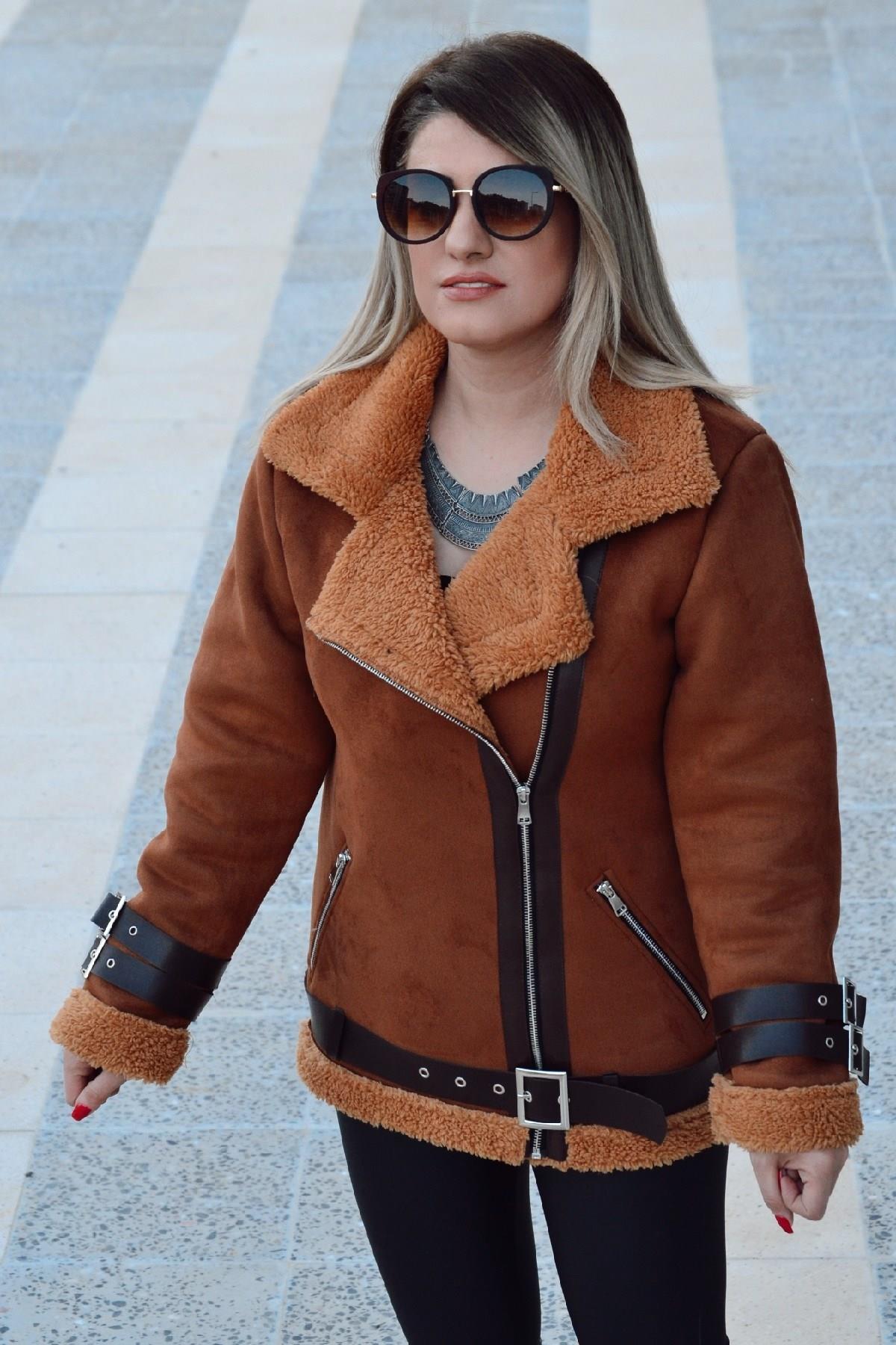 Nubuk KEMER Detaylı Biker Mont ACI KAHVE