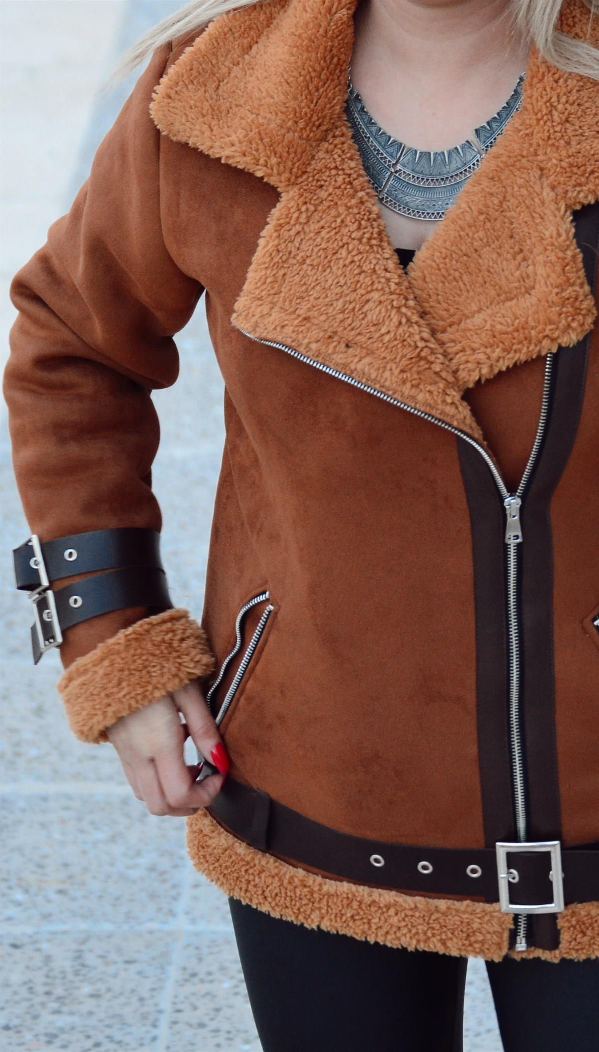 Nubuk KEMER Detaylı Biker Mont ACI KAHVE