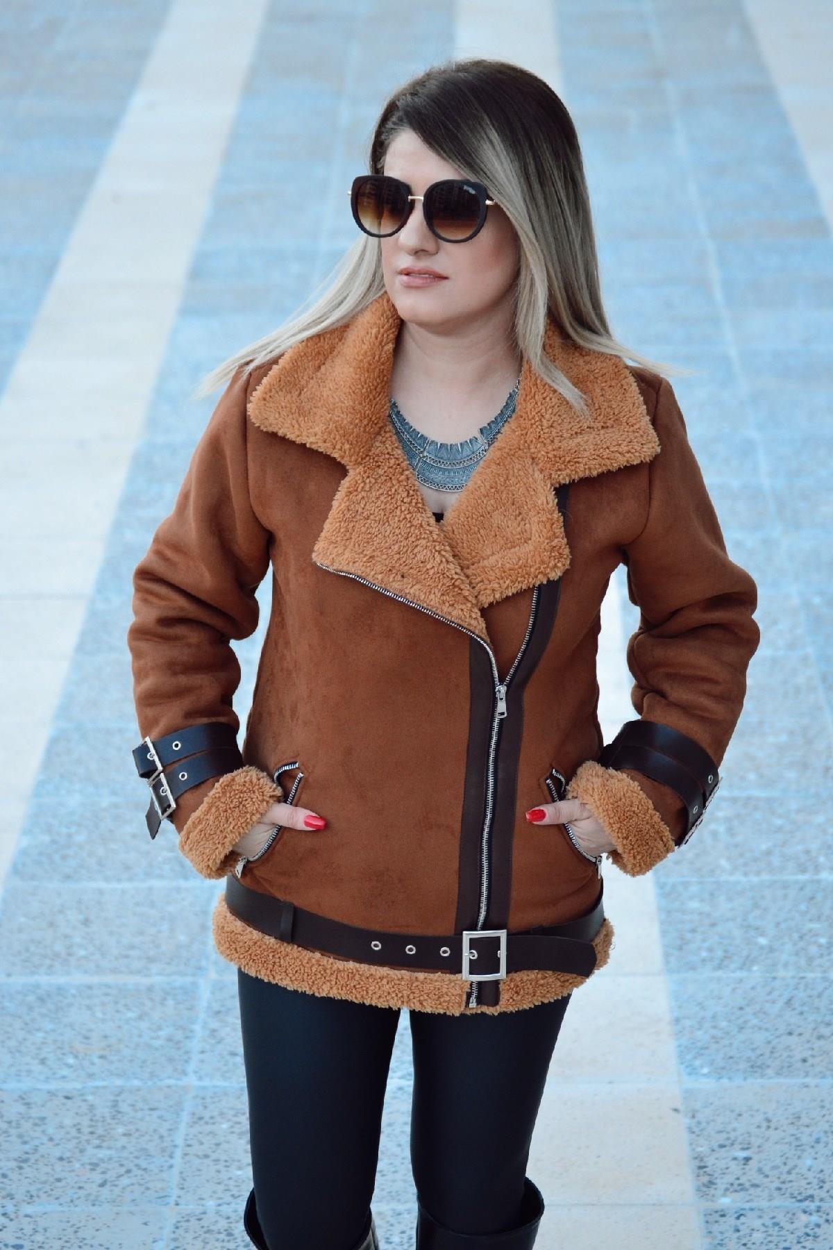 Nubuk KEMER Detaylı Biker Mont ACI KAHVE