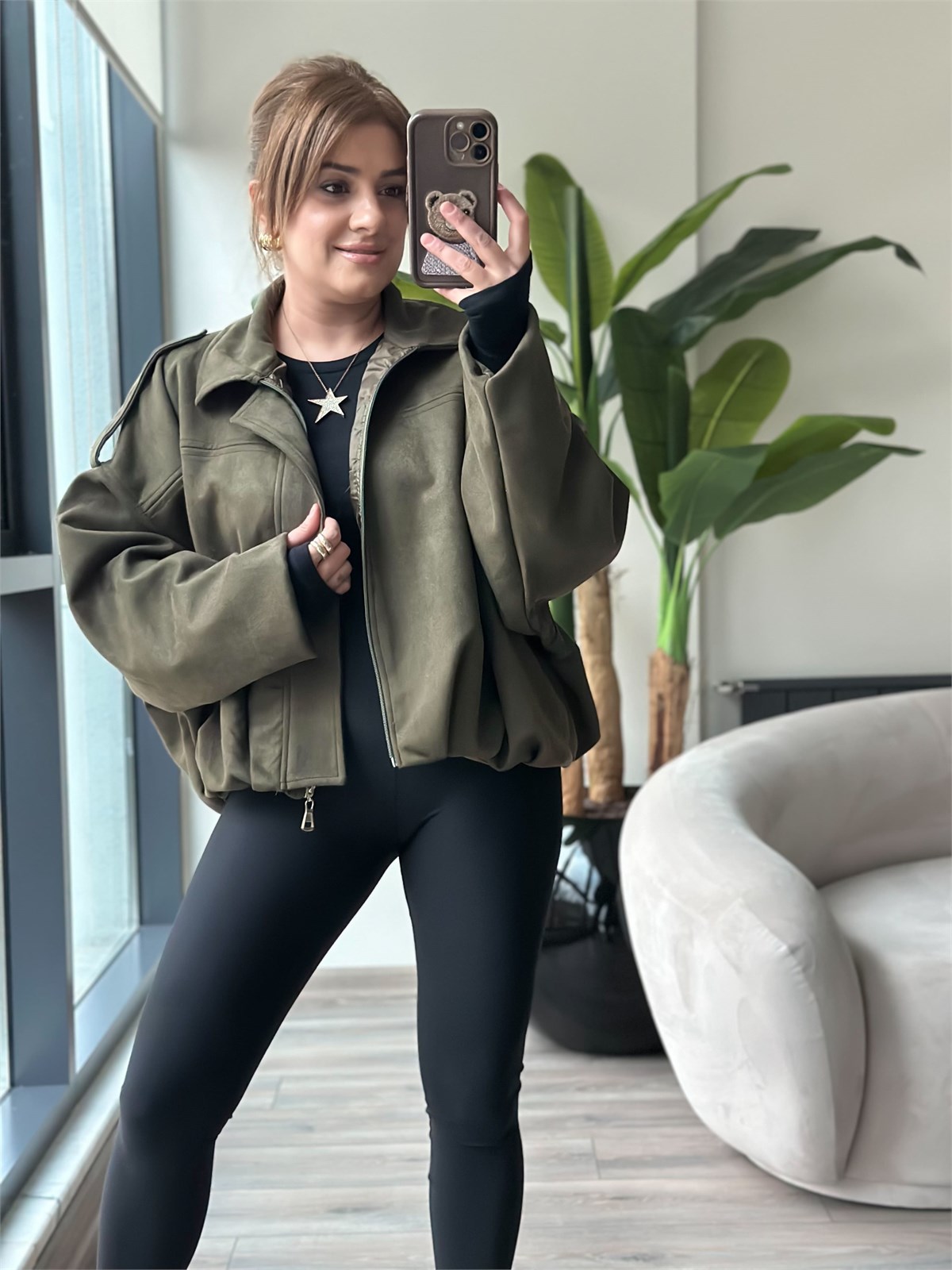 Nubuk Oversize Boomber Ceket HAKİ