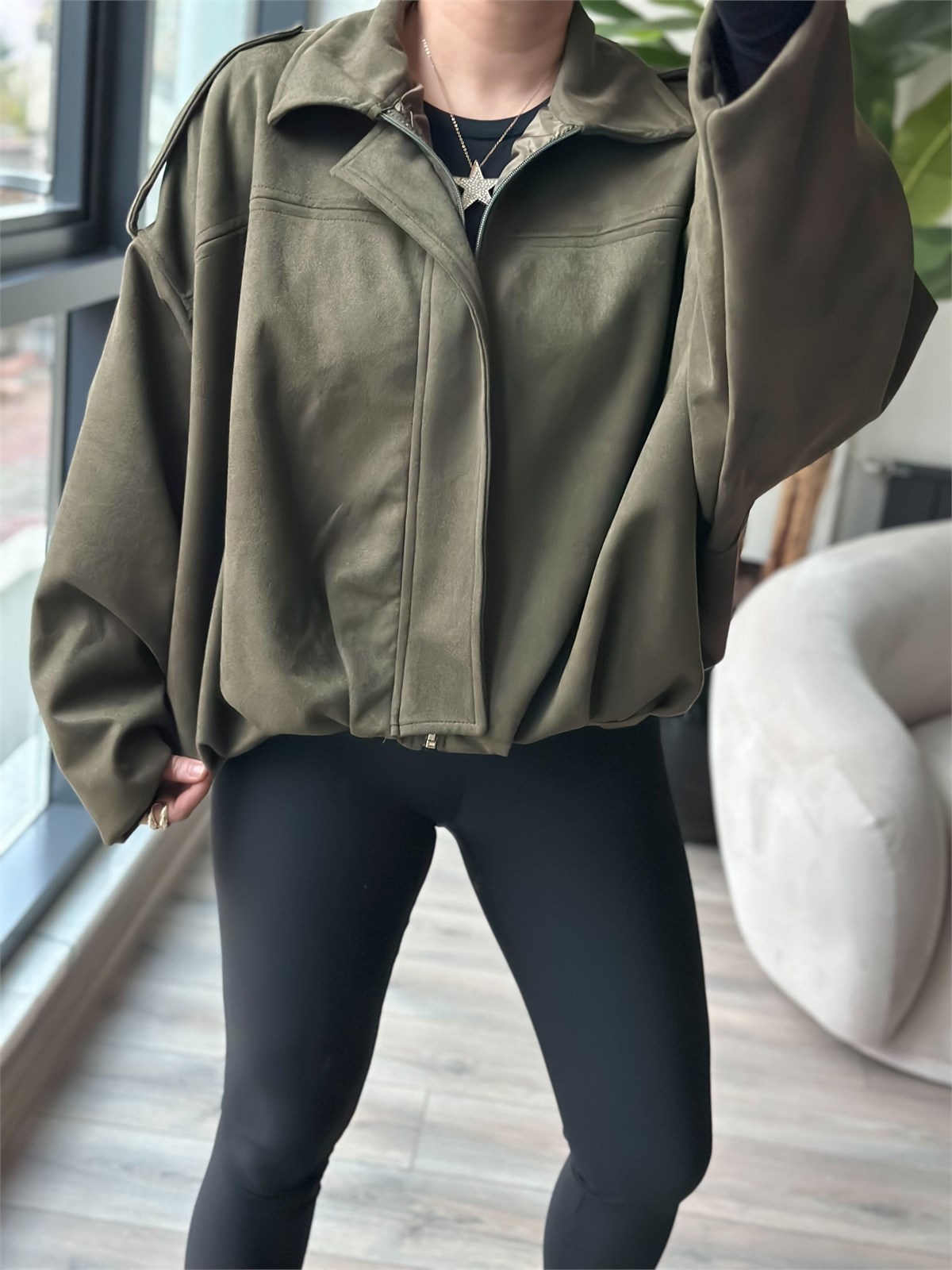 Nubuk Oversize Boomber Ceket HAKİ