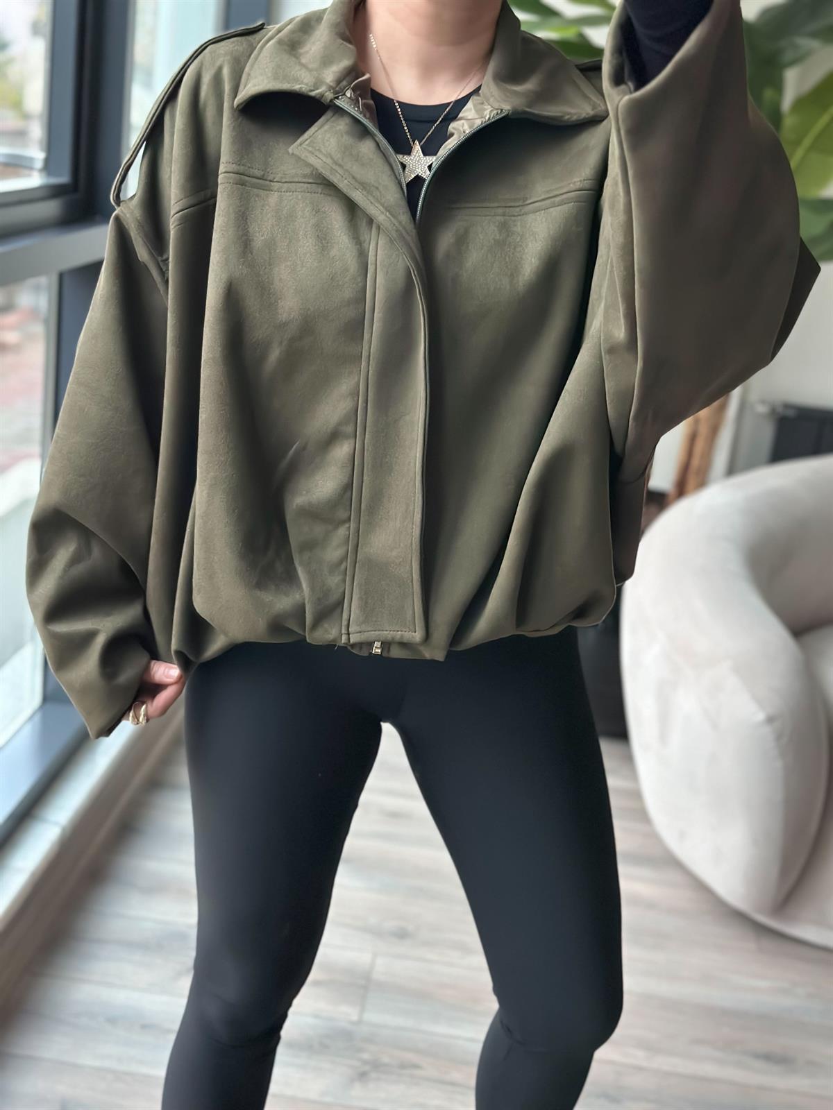 Nubuk Oversize Boomber Ceket HAKİ