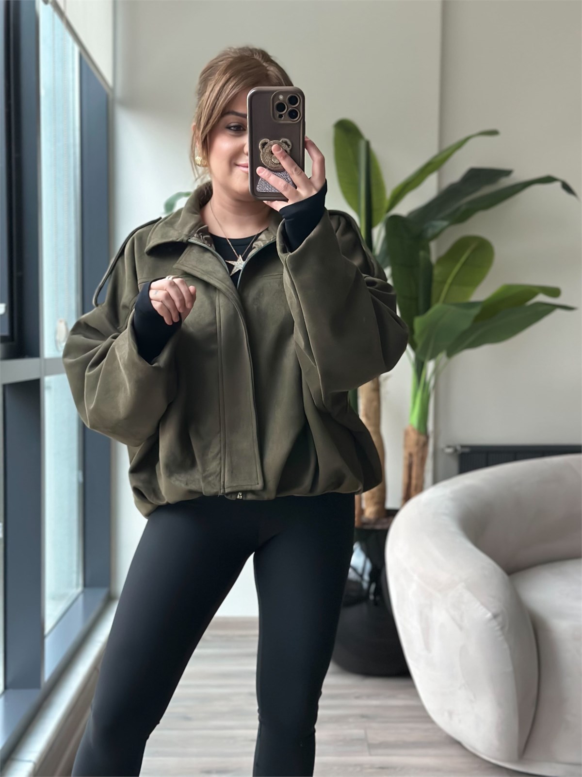 Nubuk Oversize Boomber Ceket HAKİ