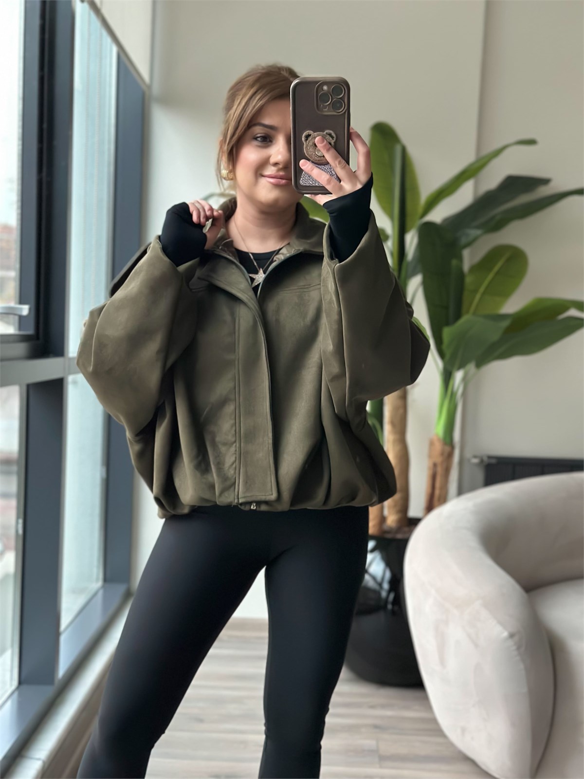 Nubuk Oversize Boomber Ceket HAKİ