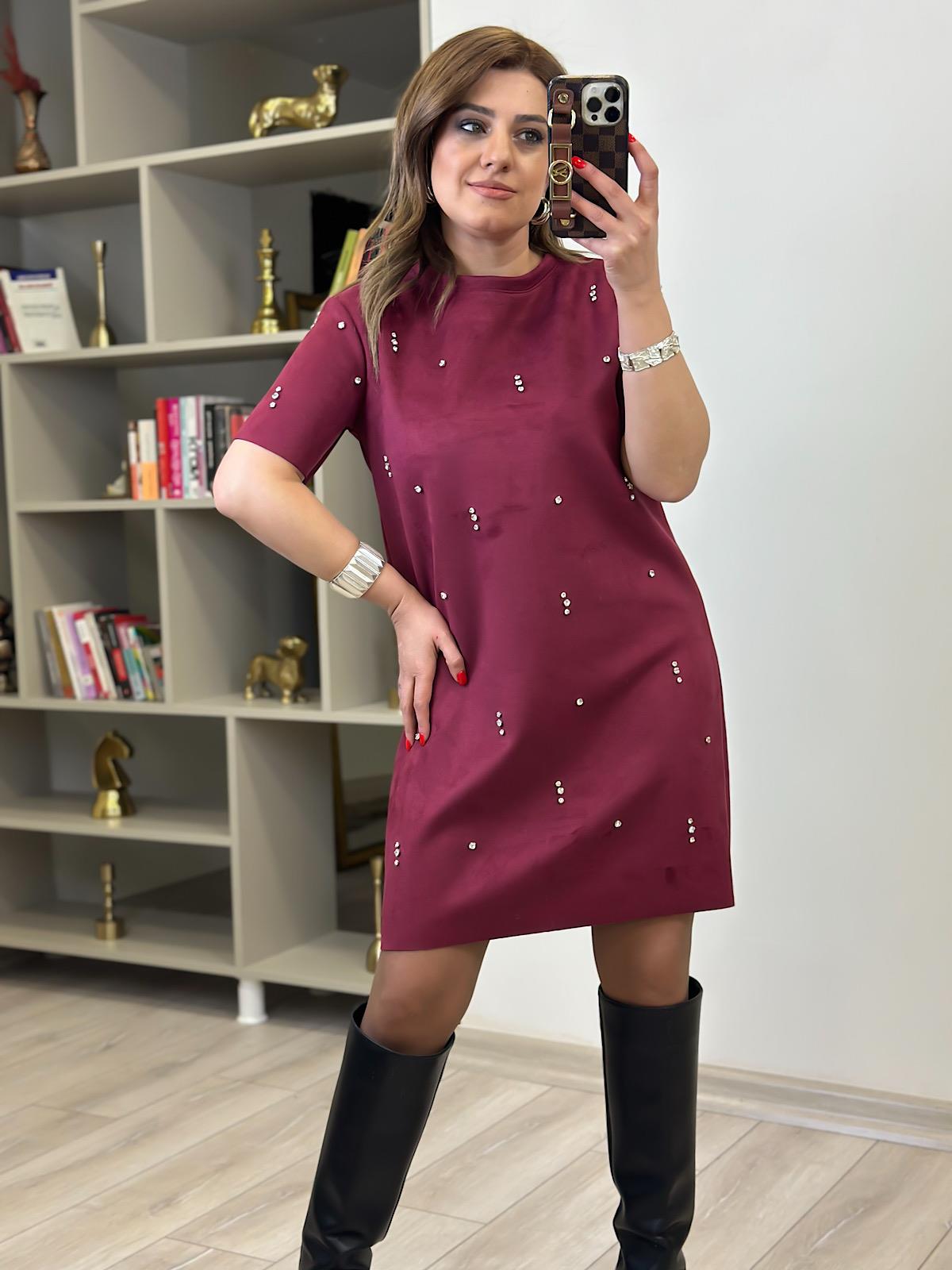 Nubuk Taş İşlemeli Elbise MÜRDÜM