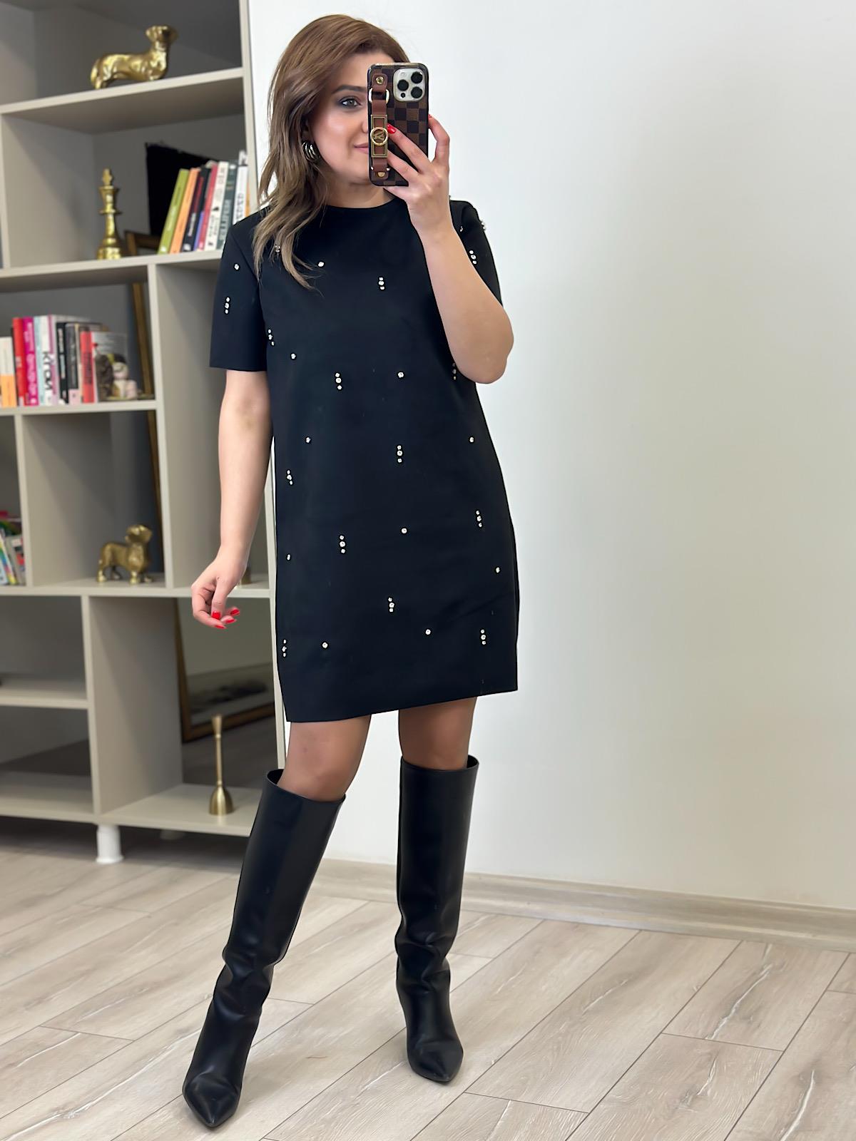 Nubuk Taş İşlemeli Elbise SİYAH