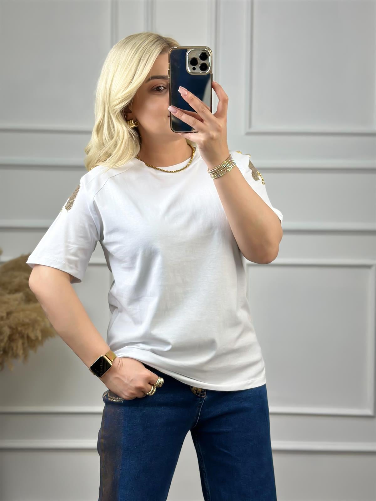 Omuz Pullu Tshirt BEYAZ