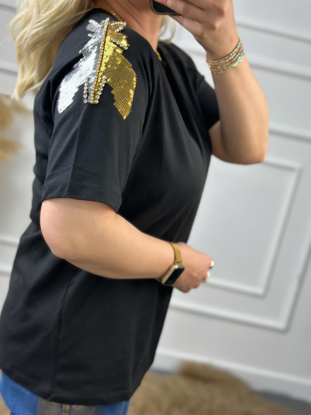 Omuz Pullu Tshirt SİYAH