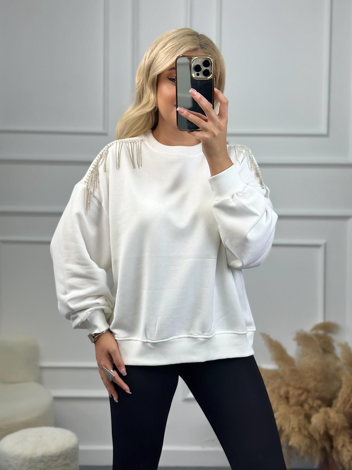 Omuzu Zincirli Sweatshirt BEYAZ