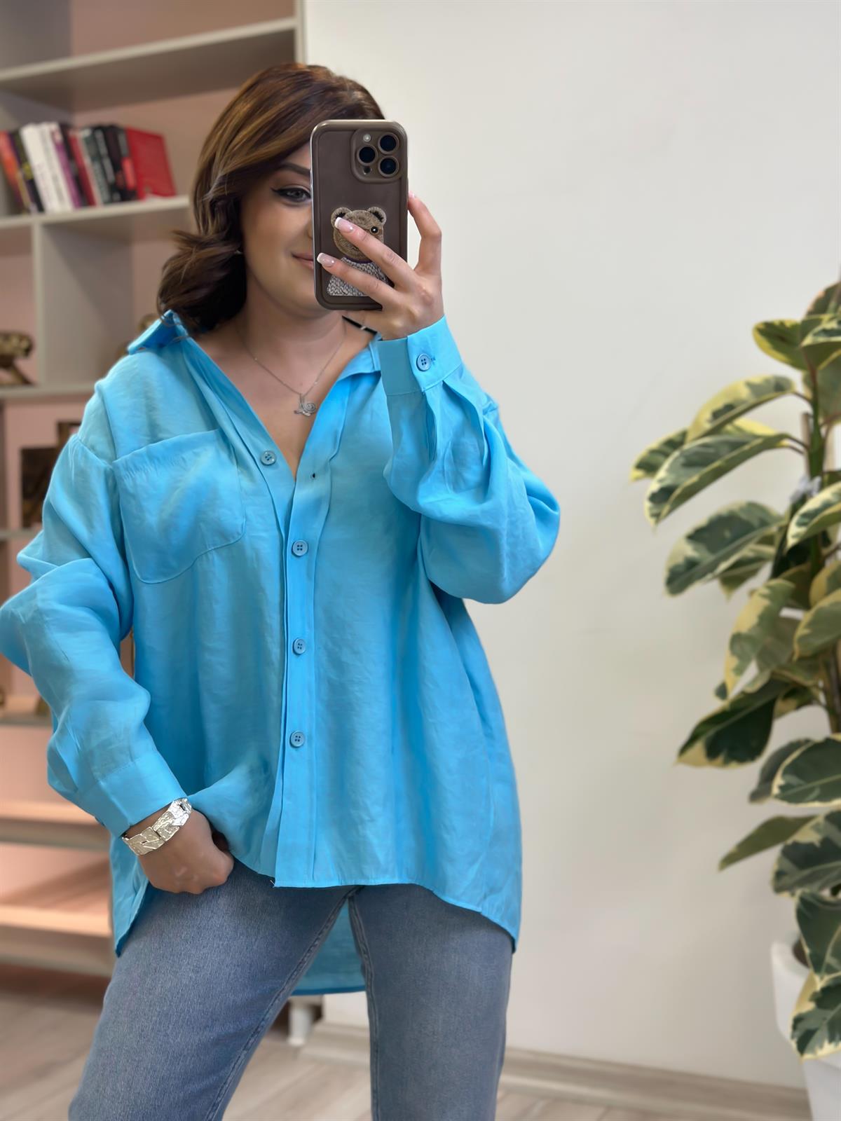 Omzu Düşük Oversize Gömlek BEBE MAVİ