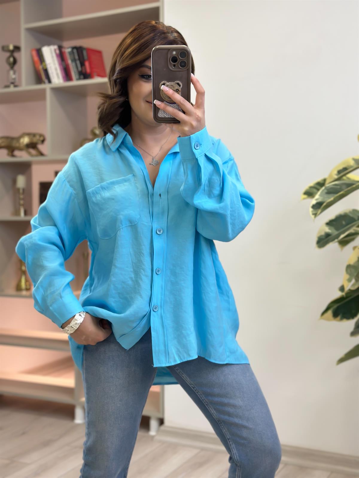 Omzu Düşük Oversize Gömlek BEBE MAVİ