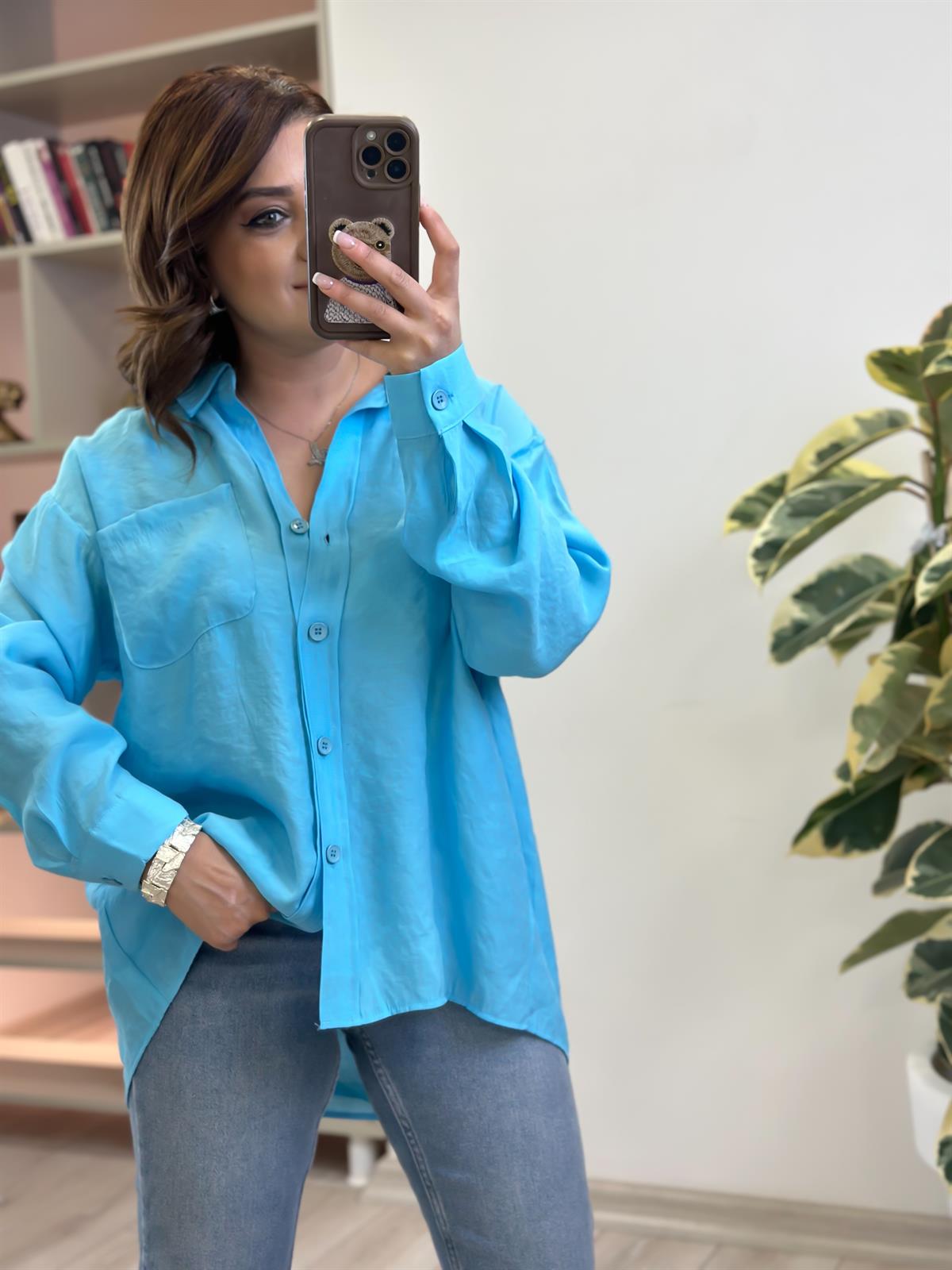 Omzu Düşük Oversize Gömlek BEBE MAVİ
