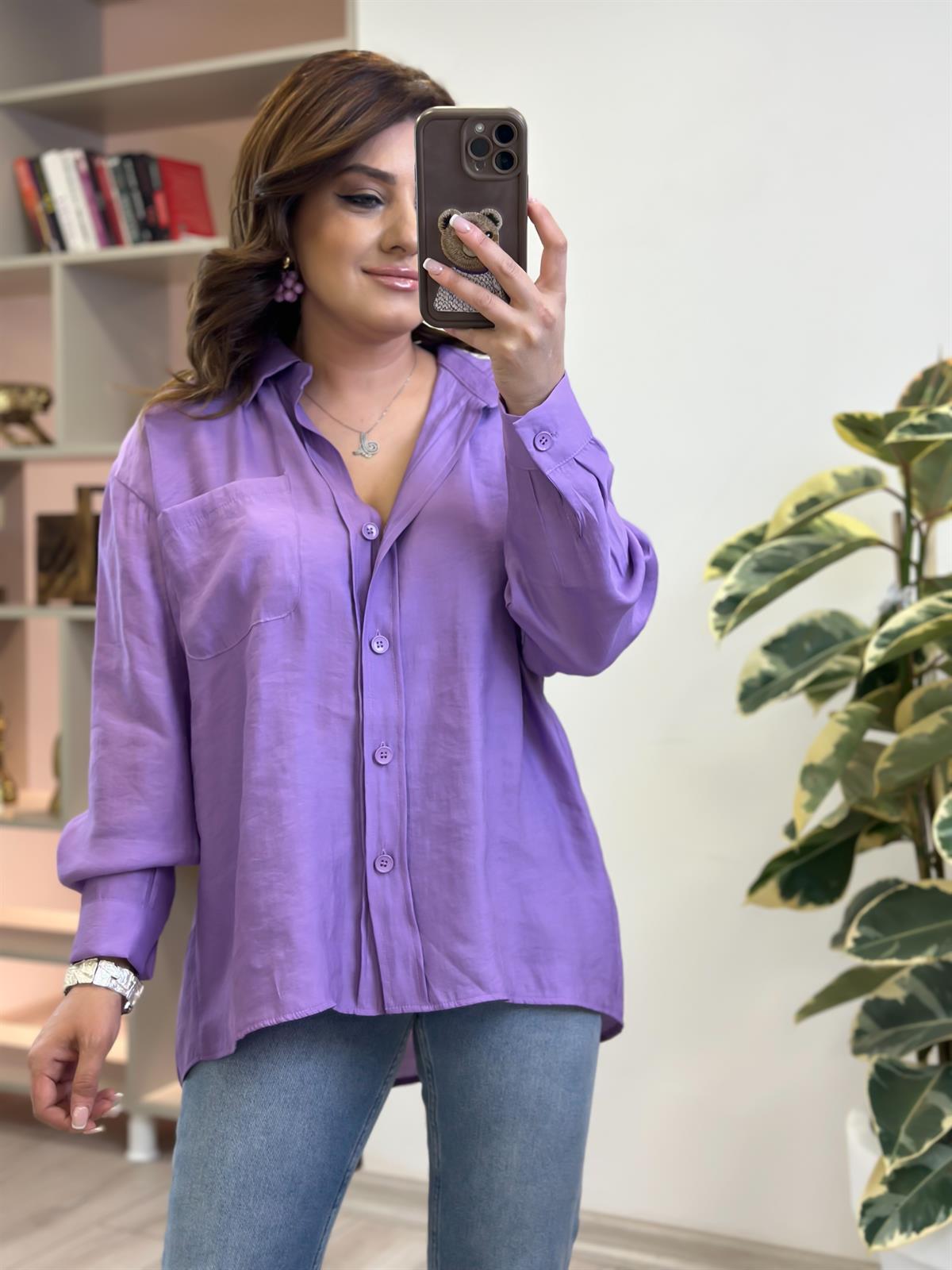Omzu Düşük Oversize Gömlek LİLA