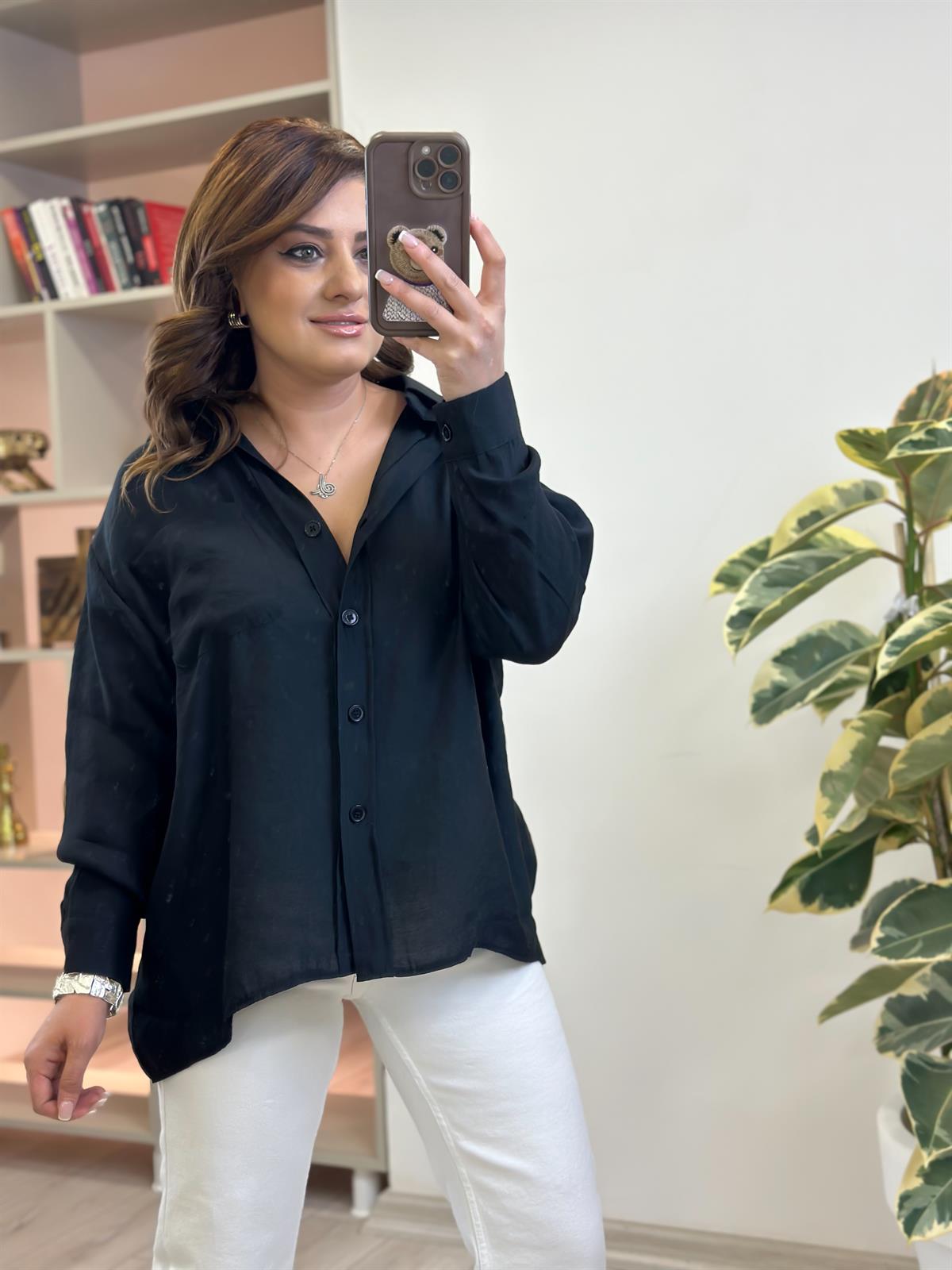 Omzu Düşük Oversize Gömlek SİYAH