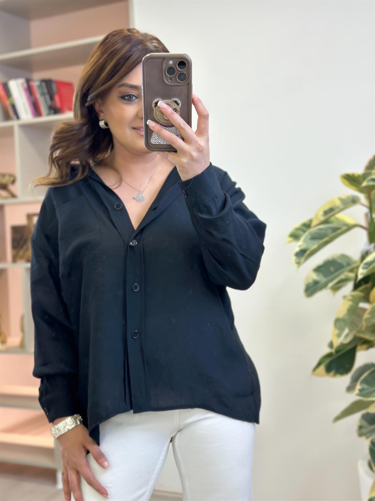 Omzu Düşük Oversize Gömlek SİYAH