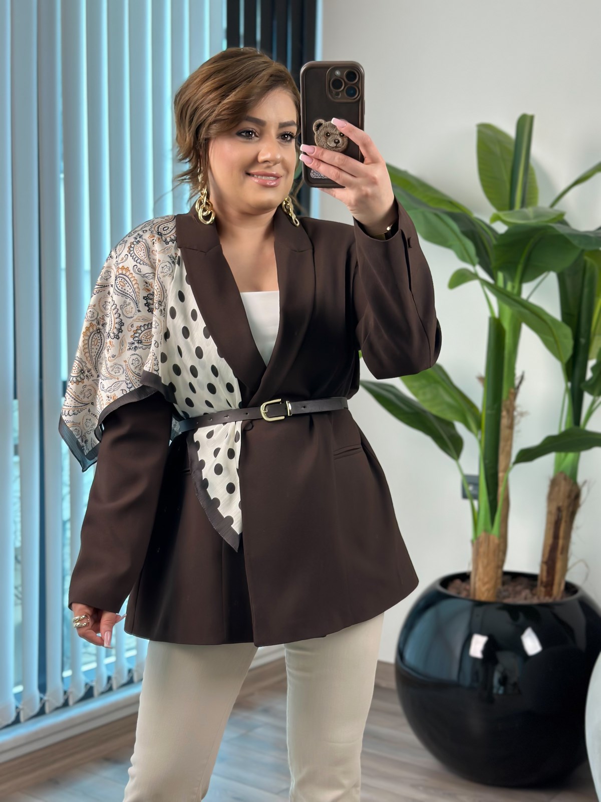 Omzu Fularlı Kemerli Astarlı Ceket ACI KAHVE