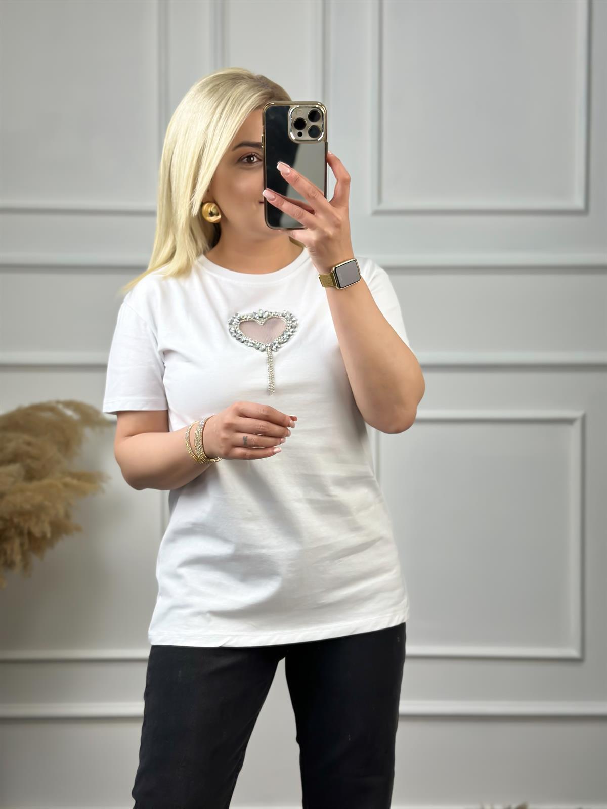 Önü Açık Kalpli Taşlı Tshirt BEYAZ