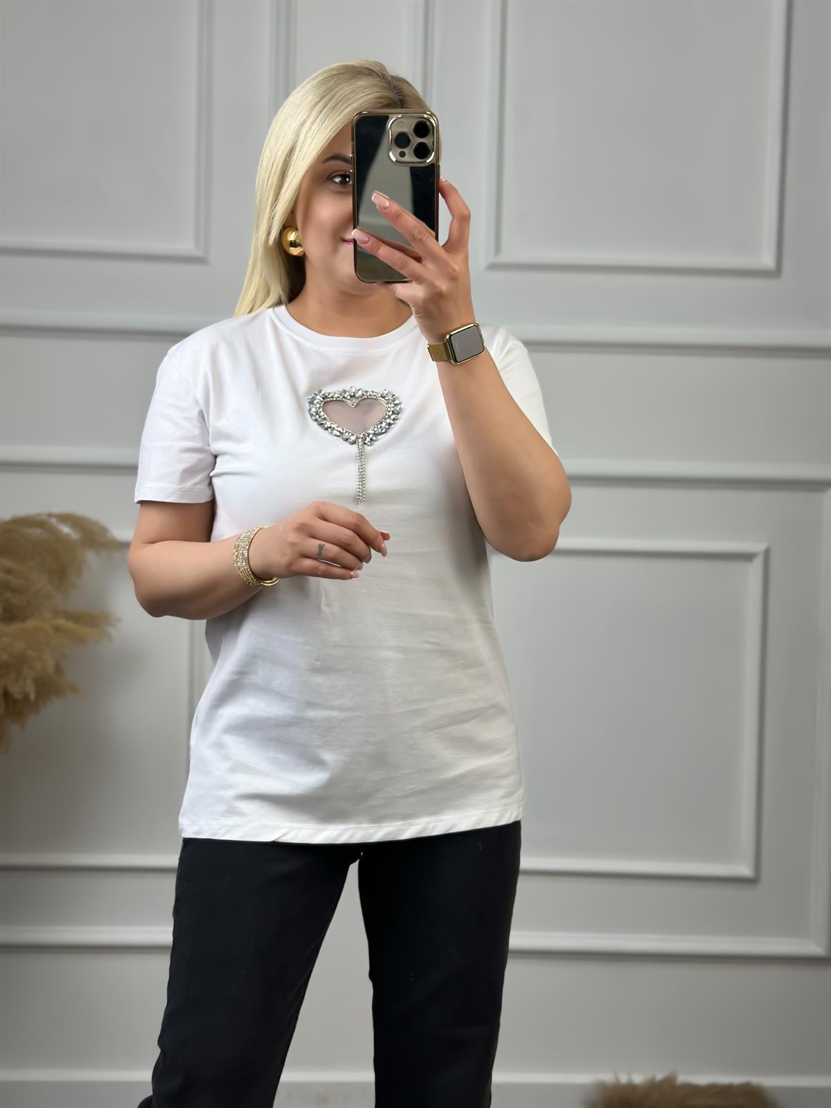 Önü Açık Kalpli Taşlı Tshirt BEYAZ