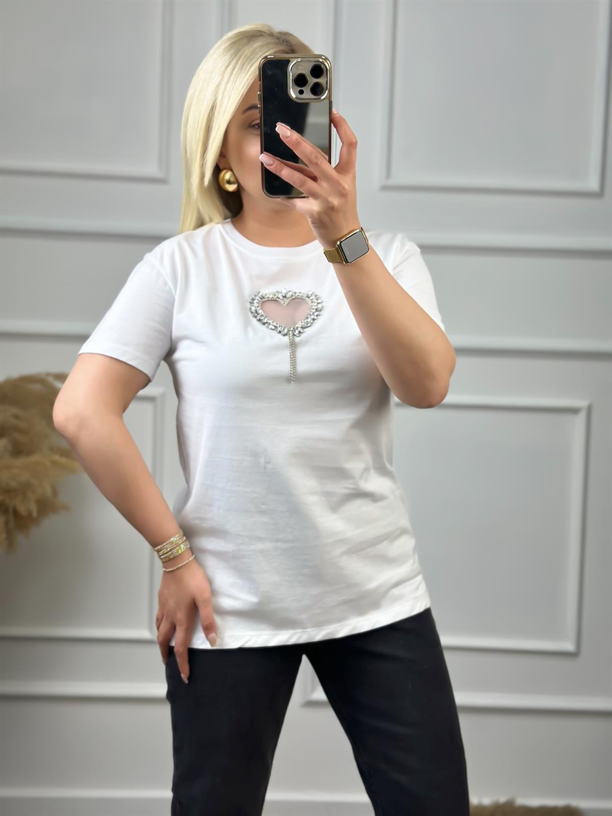 Önü Açık Kalpli Taşlı Tshirt BEYAZ