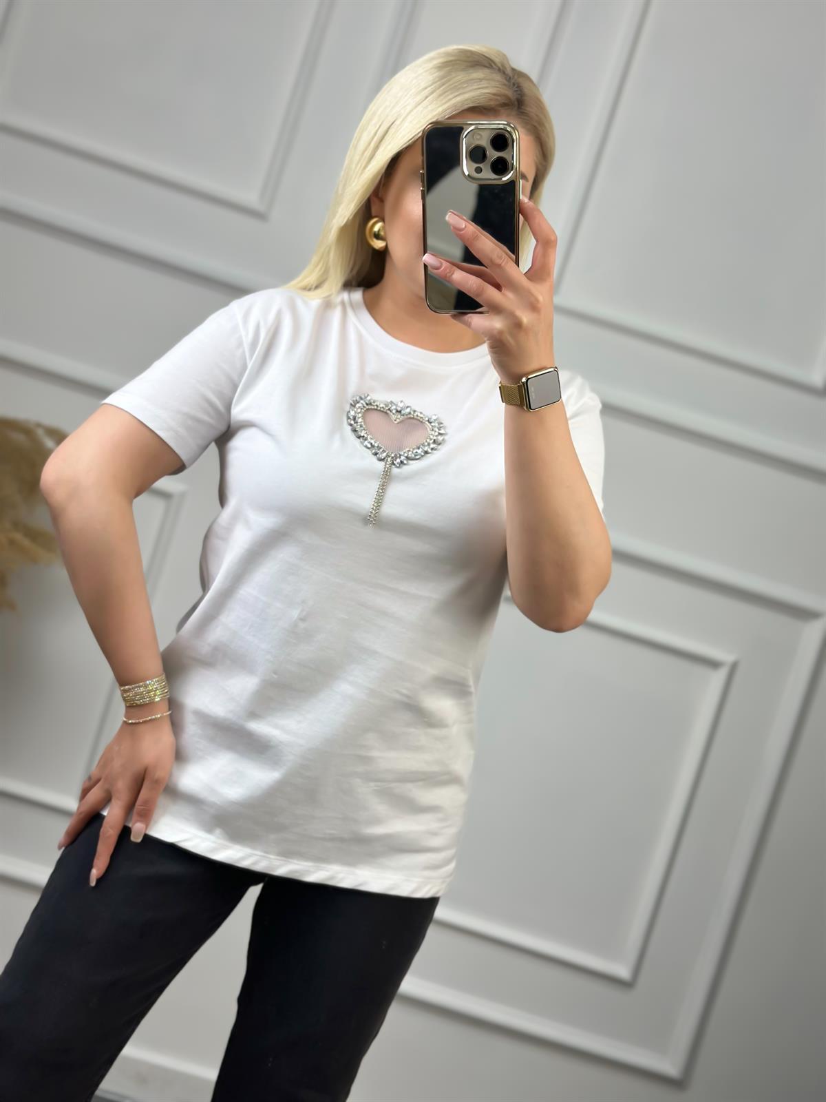 Önü Açık Kalpli Taşlı Tshirt BEYAZ